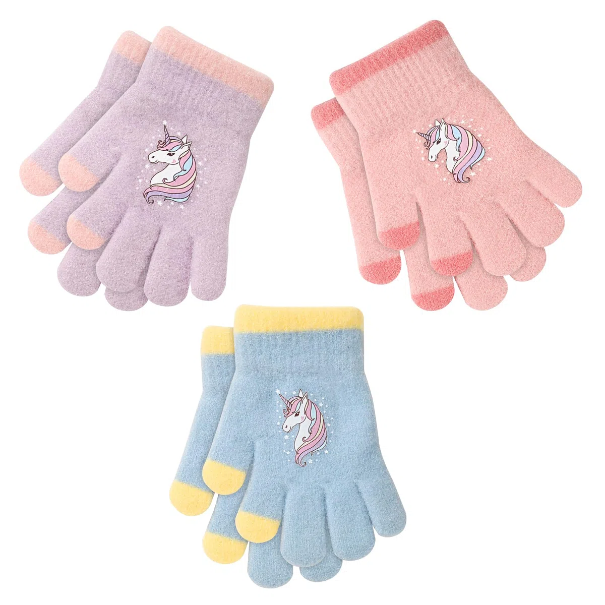 QKURT 3 pares para niños guantes de punto caliente, guantes de arena de cristal colorido guantes de dedos completos para niños con un nuevo patrón de unicornio para niñas de 1 a 5 años
