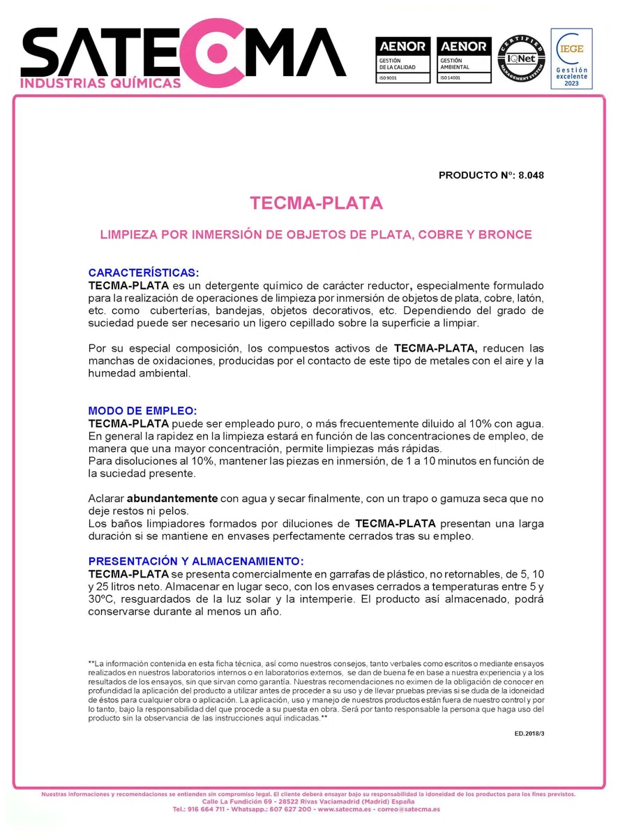 Limpiador Concentrado para Plata TECMA PLATA, Botella 1 Litro | Para realizar baños por inmersión. Apto también para bronce, cobre, laton