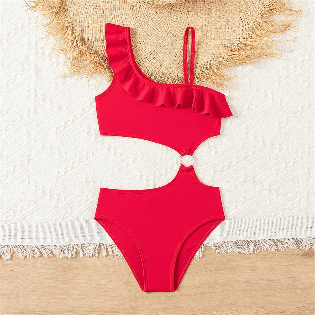 Bañador Niña de un Solo Hombro Bañadores Traje Baño con Volante Trikini Secado Rápido Moda Sexy Bikini Una Pieza Sólida Rojo Anillo Ropa Playa para Niñas Pequeños Piscina Infantil n1