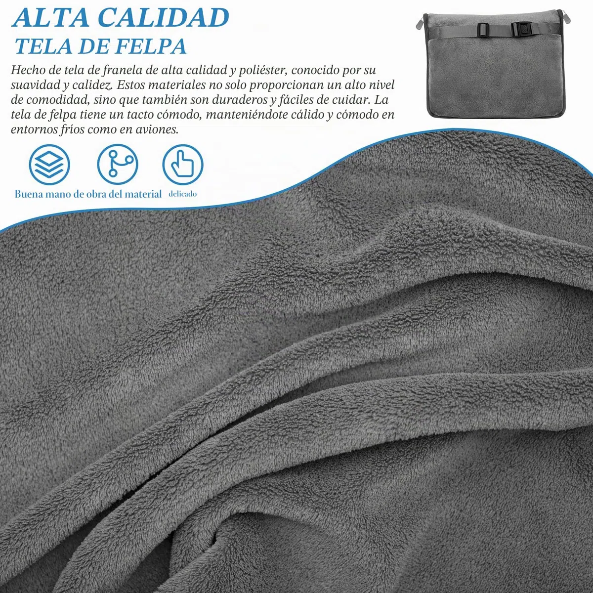 Manta de Viaje 2 en 1 para Avión - Cojín Transformable, Portátil, Ultraligera y Cálida - Con Fijación para Maleta - Ideal para Oficina y Negocios - Gris, 152 x 127 cm