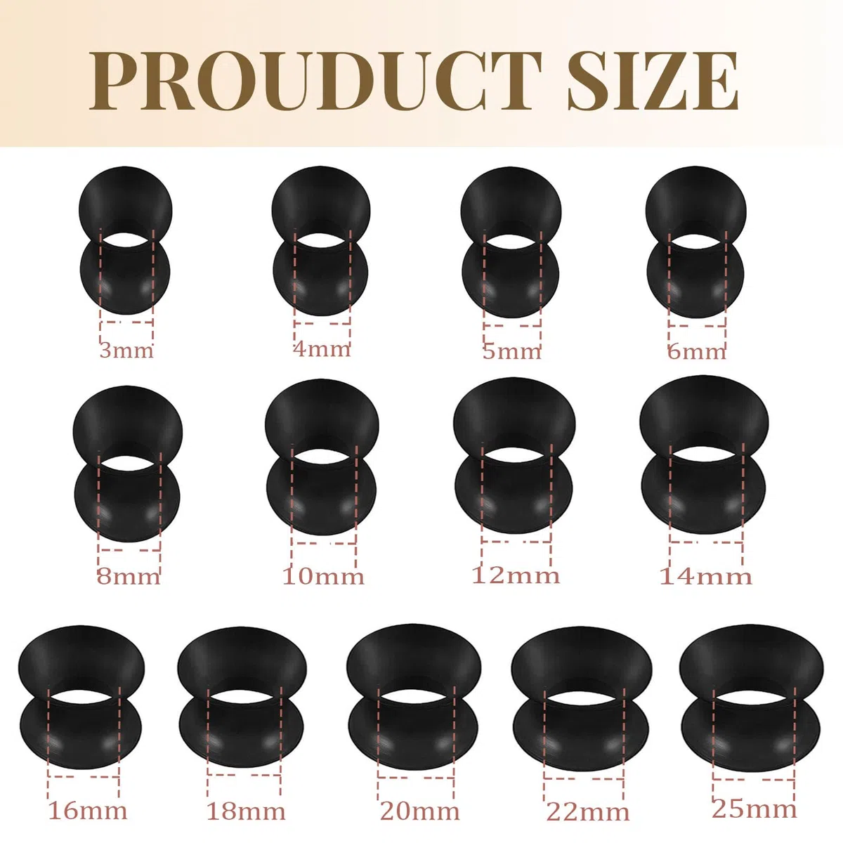 8 pares de dilatadores de silicona para los oídos, 3-25 mm, flexibles, de doble acampanado, para hombre y mujer - Negro y blanco
