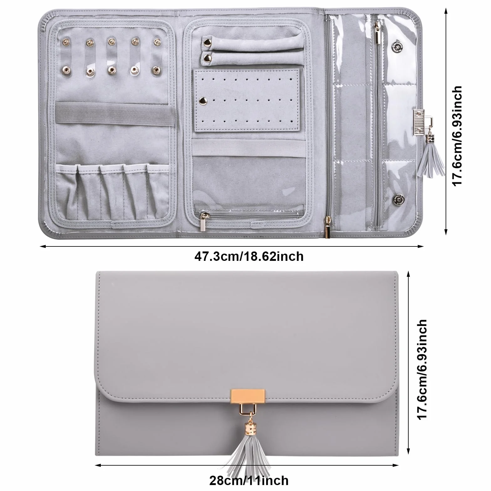 Catime Rollo de Organizador de Joyero Viaje, Bolsa de Almacenamiento Joyas de Cuero, Rollo de Joyería Plegable Portáti Gran Capacidad, Estuche para Joyas de Viaje Collares Pulseras Pendientes Anillos