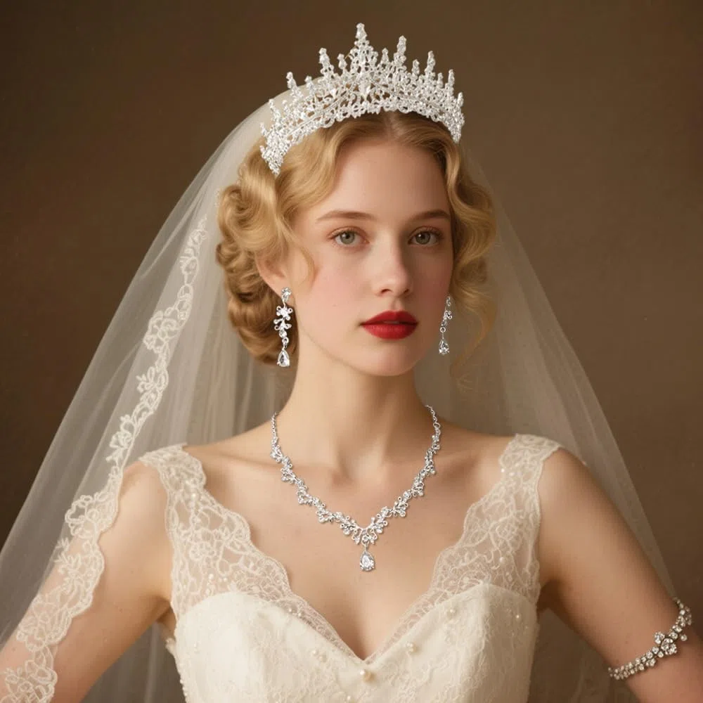 Elegante Set de Joyería de Novia de 3 Piezas con Corona Brillante Collar en V y Pendientes de Gota Joyería de Lujo para Bodas y Ocasiones Especiales