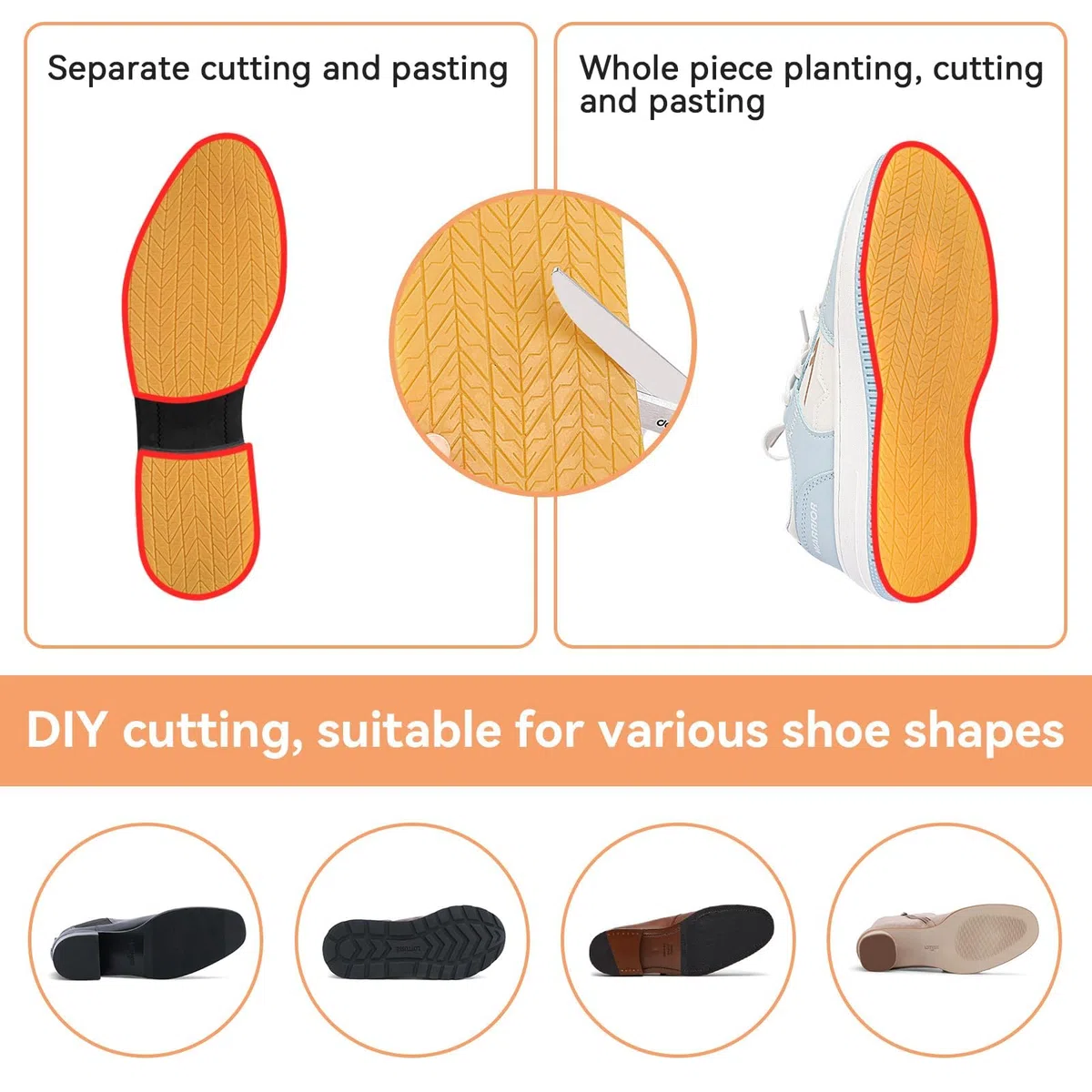 1 Par de Suelas Completas de Goma Antideslizantes, Reparación y Reemplazo para Zapatos, Material para DIY (Color Naranja)