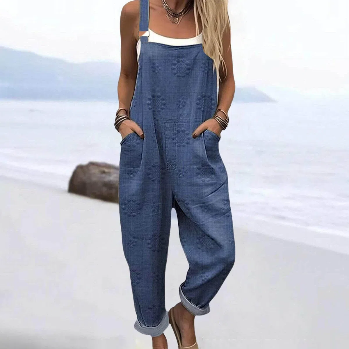 Petos mono largo mujer verano tejido algodón y estampado floral artístico sin mangas peto holgado pernera ancha con bolsillos prácticos correas ajustables corte suelto para playa vacaciones y rutina