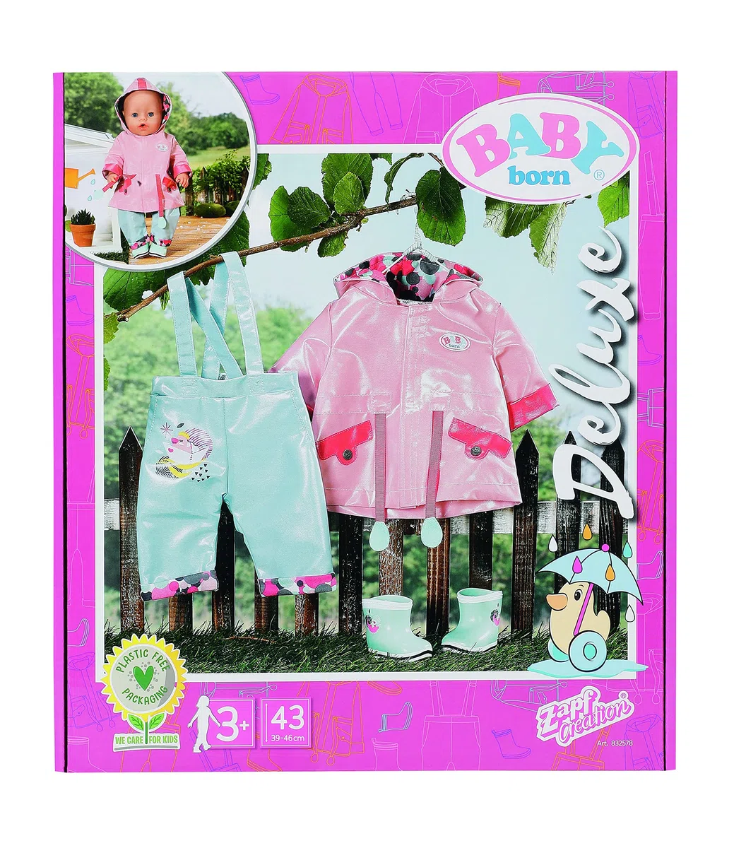 Zapf Creation Baby Born Deluxe Conjunto para la Lluvia - para muñecas Baby Born de hasta 43 cm - Incluye Chubasquero, Pantalones y Botas de Agua - Edad: 3+ años
