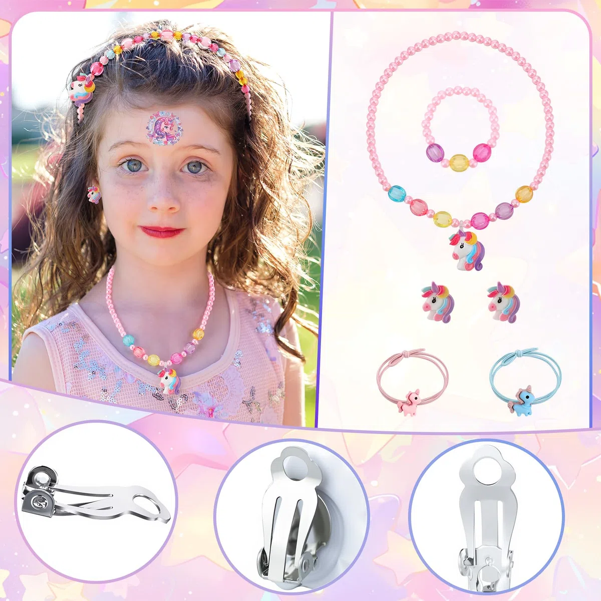 Set de 26 piezas de joyería de unicornio para niñas, joyería para niños, bolsos, collares, pulseras, anillos, pendientes, horquillas, regalos de unicornio para niñas de 3, 4, 5, 6 años