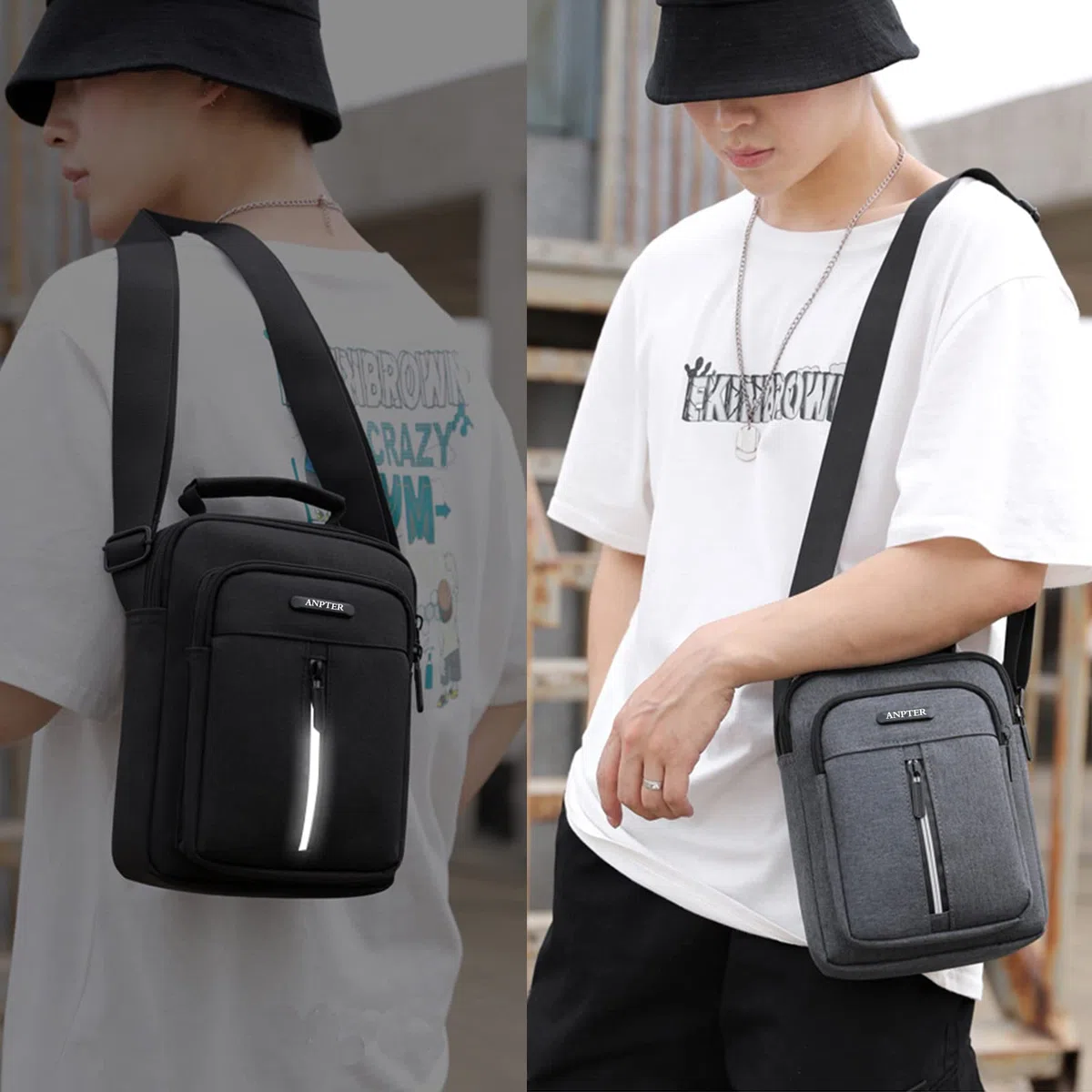 ANPTER Bandoleras Bolso Pequeño Mariconeras Crossbody Unisex Shoulder Bag con Banda Reflectante de Seguridad para Hombres y Mujeres, Deportes, Trabajo, Casual, Viajes(Gris
