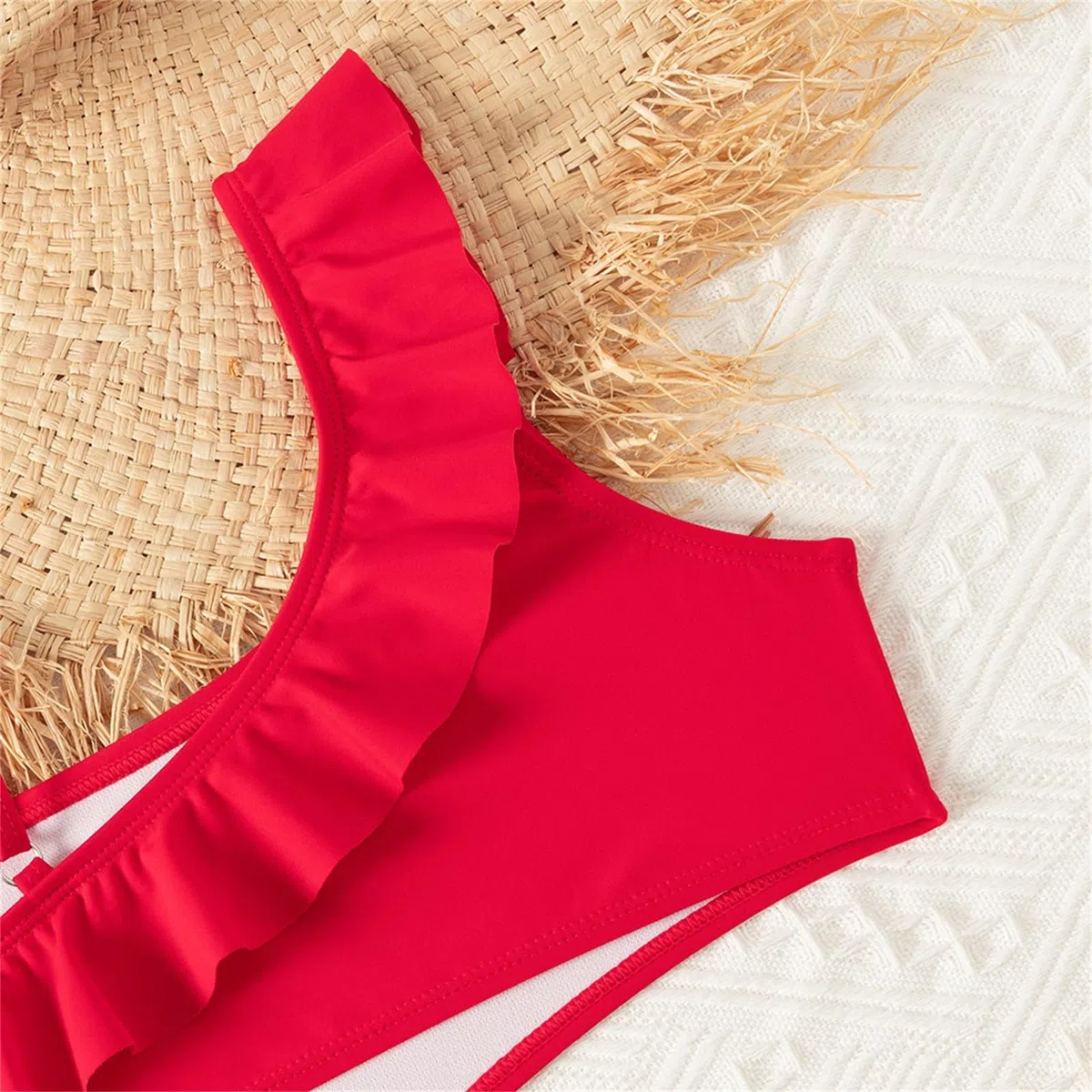 Bañador Niña de un Solo Hombro Bañadores Traje Baño con Volante Trikini Secado Rápido Moda Sexy Bikini Una Pieza Sólida Rojo Anillo Ropa Playa para Niñas Pequeños Piscina Infantil n1