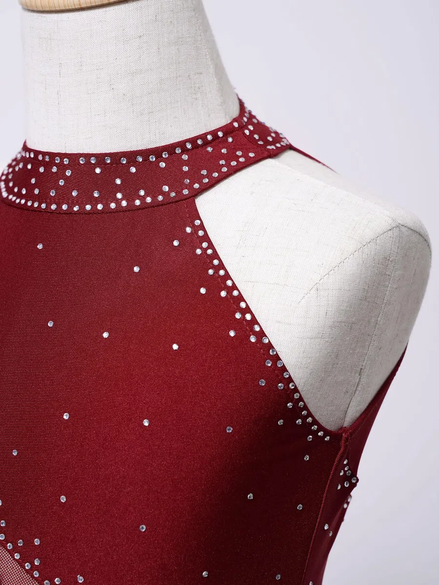 iiniim Vestido de Patinaje sobre Hielo para Niñas Maillot Baile Latino con Flecos y Brillante Pedrería Leotardo Gimnasia sin Mangas Vestido de Baile Salsa Cha Cha