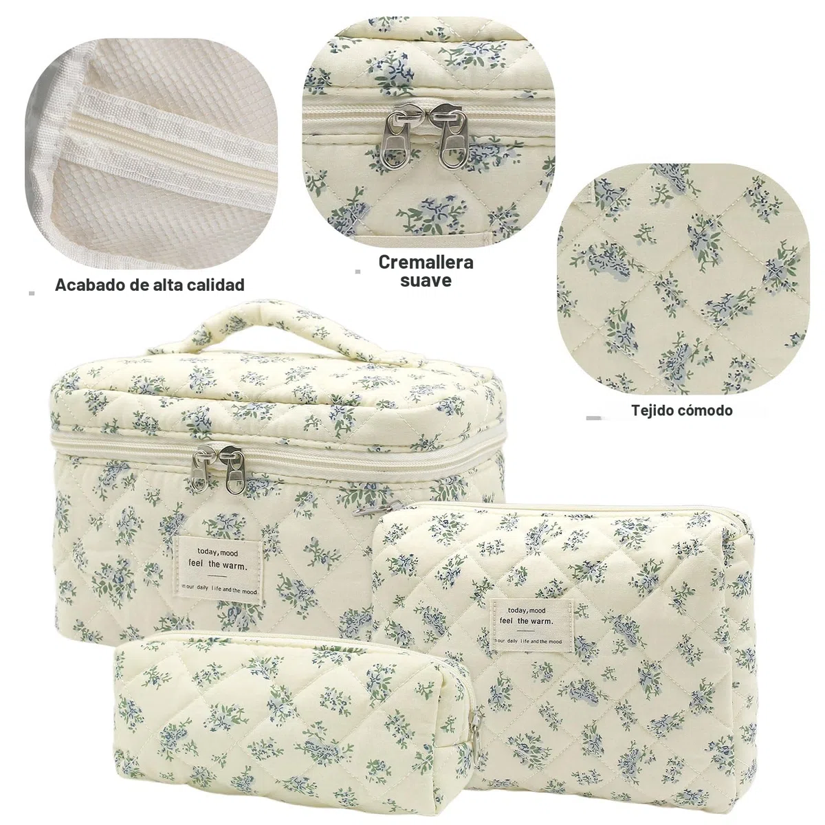 3 Piezas Neceser Mujer con Estampado de Flores, Neceser Viaje Mujer de Algodón, Neceser Mujer Maquillaje, Neceser de Viaj, Neceser Mujeres Grande para Mujeres y Niña (Flores Azules)