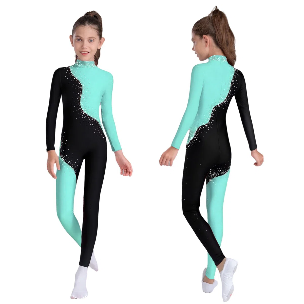 Alvivi Mono Largo de Gimnasia Rítmica para Niñas con Brillantes Maillot de Baile Mono Patinaje Artístico de Competición Ropa de Deportiva 5-16 Años
