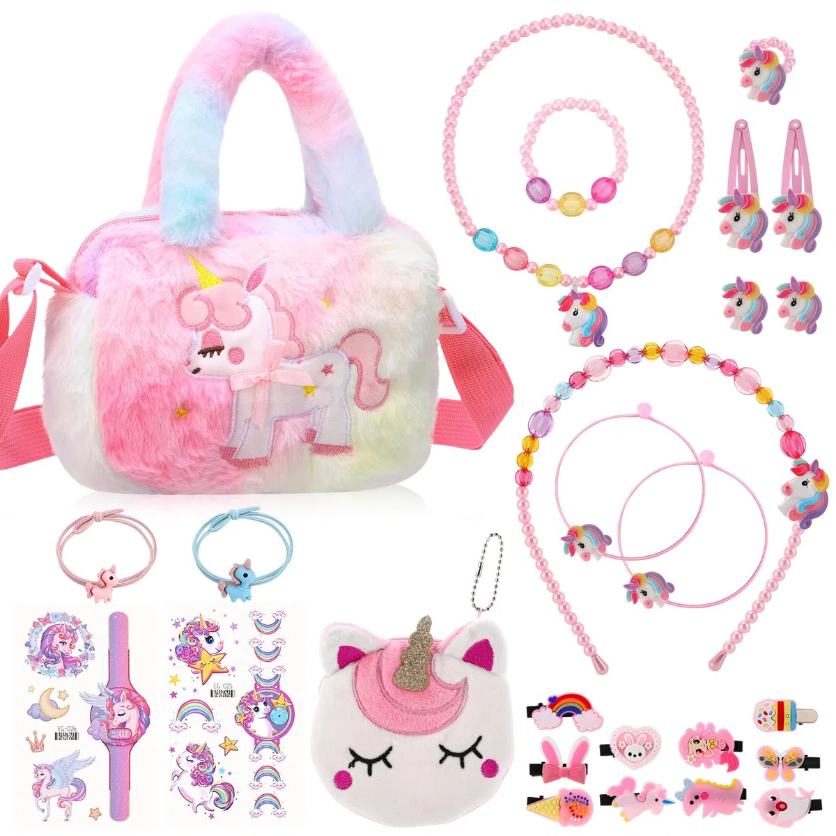 Set de 26 piezas de joyería de unicornio para niñas, joyería para niños, bolsos, collares, pulseras, anillos, pendientes, horquillas, regalos de unicornio para niñas de 3, 4, 5, 6 años