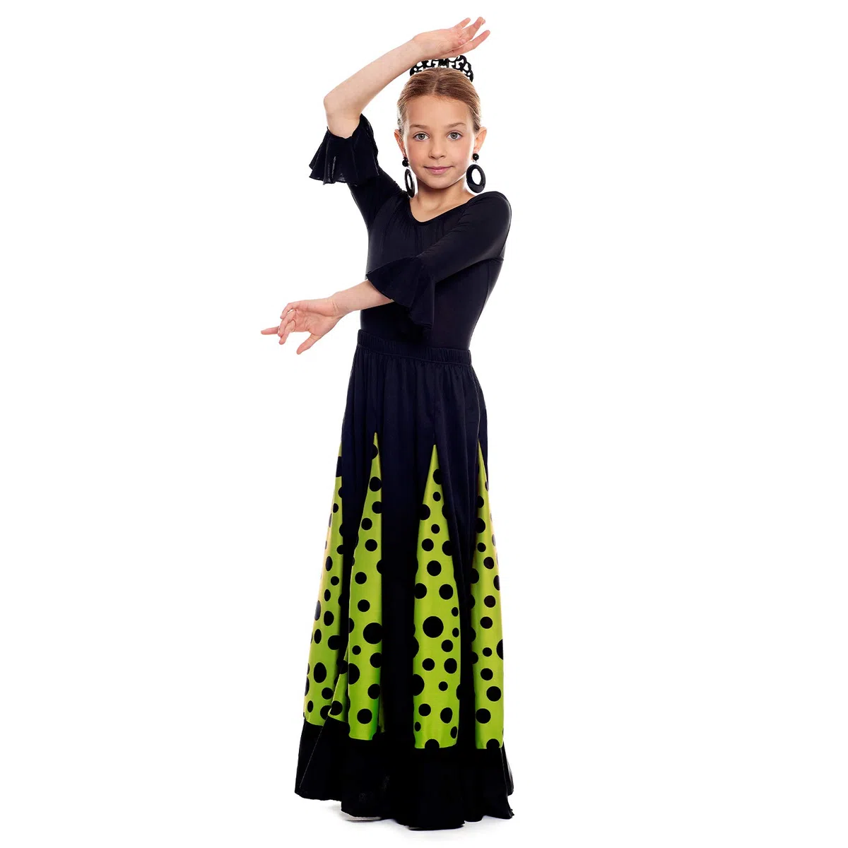 Falda Flamenca Niña Negra con Quillas Verdes Lunares Negros [Tallas Infantiles 2 a 12 años]【Talla 10 años】 Ensayo Baile Danza Disfraz