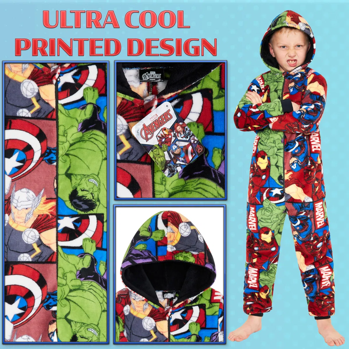 Marvel Pijama Polar para Niños - Mono con Capucha Entero 9 a 15 años Invierno, Disfraz Regalo Chicos, Navidad