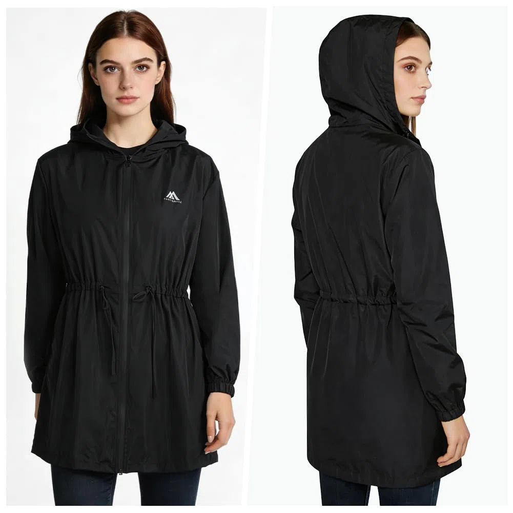 flintronic Chubasquero Mujer Cortaviento Ligero, Impermeable Chaqueta Transpirable con Capucha, Cremallera, Bolsillos, Senderismo Cazadora, Negro, L