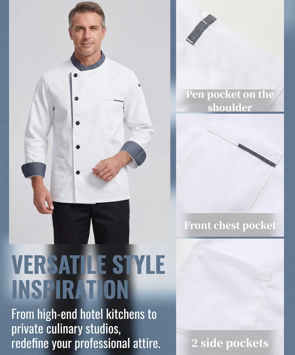 Chaqueta Chef Uniforme Manga Larga Ligero Cocinero Chaquetas Ajuste Moderno Cocina Restaurante