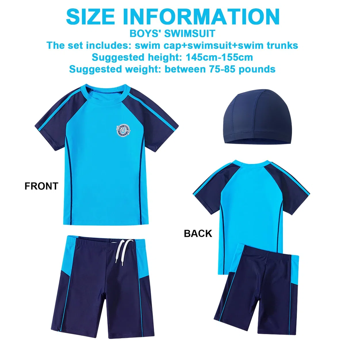 3 Piezas Bañadores Niño, Traje de Baño para Niños Grandes y Camiseta de Manga Corta con y Gorro de Baño, 10 a 12 Años