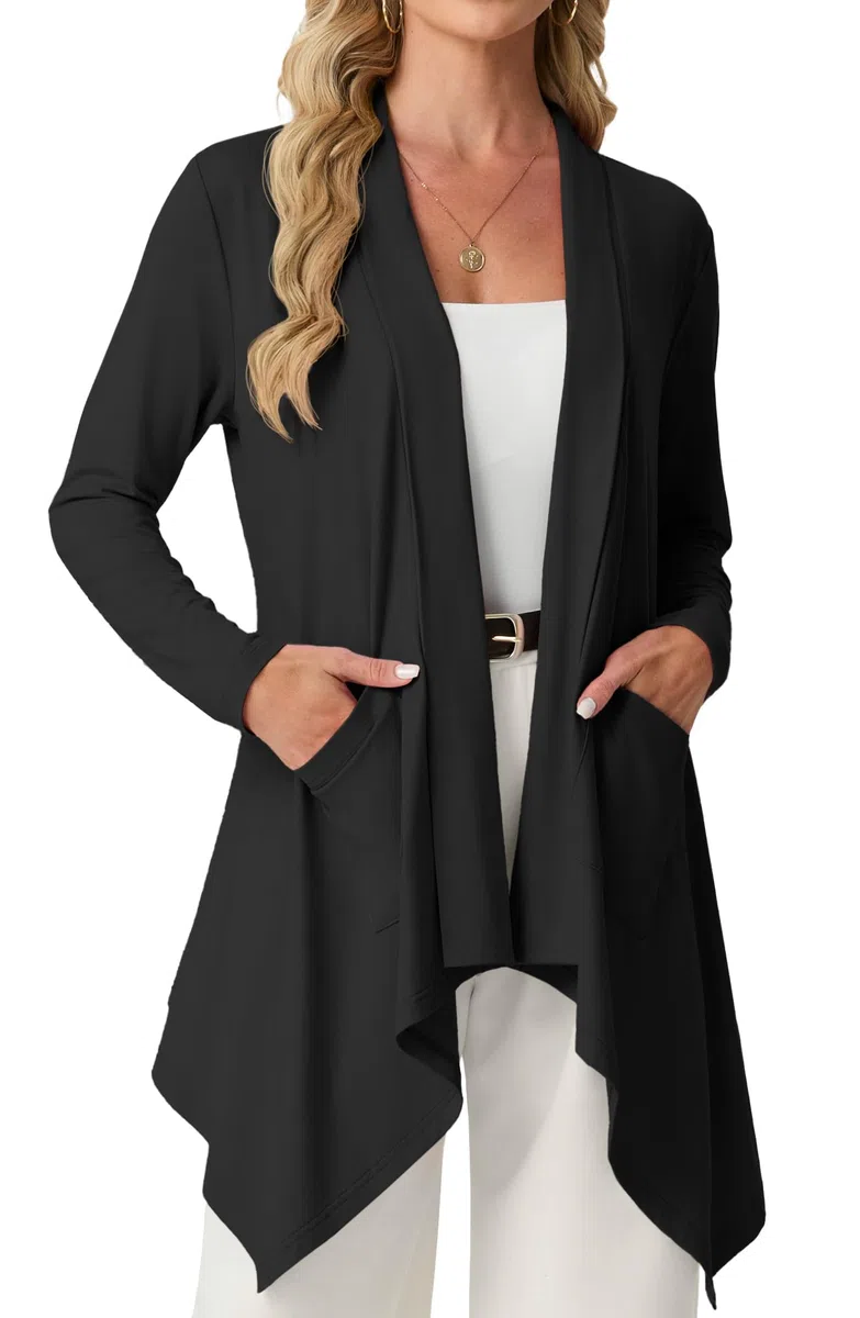 GRECERELLE Cárdigan ligero para mujer sin botones, elegante de verano, manga larga, cárdigan, cárdigan, informal, abrigo de punto con bolsillo, dobladillo alto y bajo