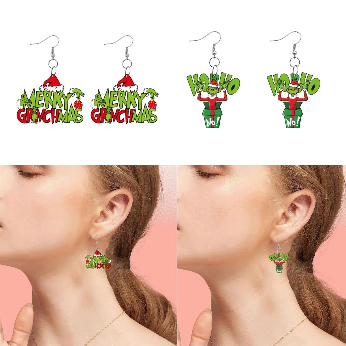4 pares de aretes de Navidad Grinch de Navidad, aretes de dibujos animados de Navidad, aretes de gota de Navidad, Año Nuevo, decoraciones de fiesta para mujeres y niñas, Acrílico