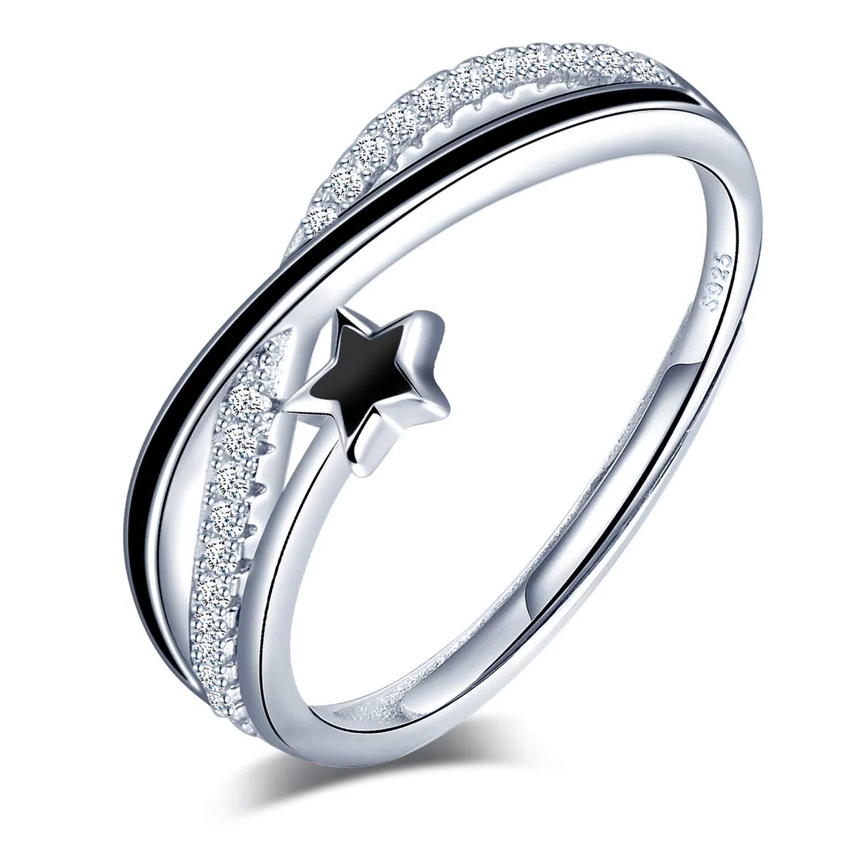 Yumilok Anillo de plata de ley 925 para mujer, anillo abierto de estrella fugaz, incrustación de circón, tamaño ajustable, regalo de cumpleaños de Navidad, tamaño adecuado: 49-57