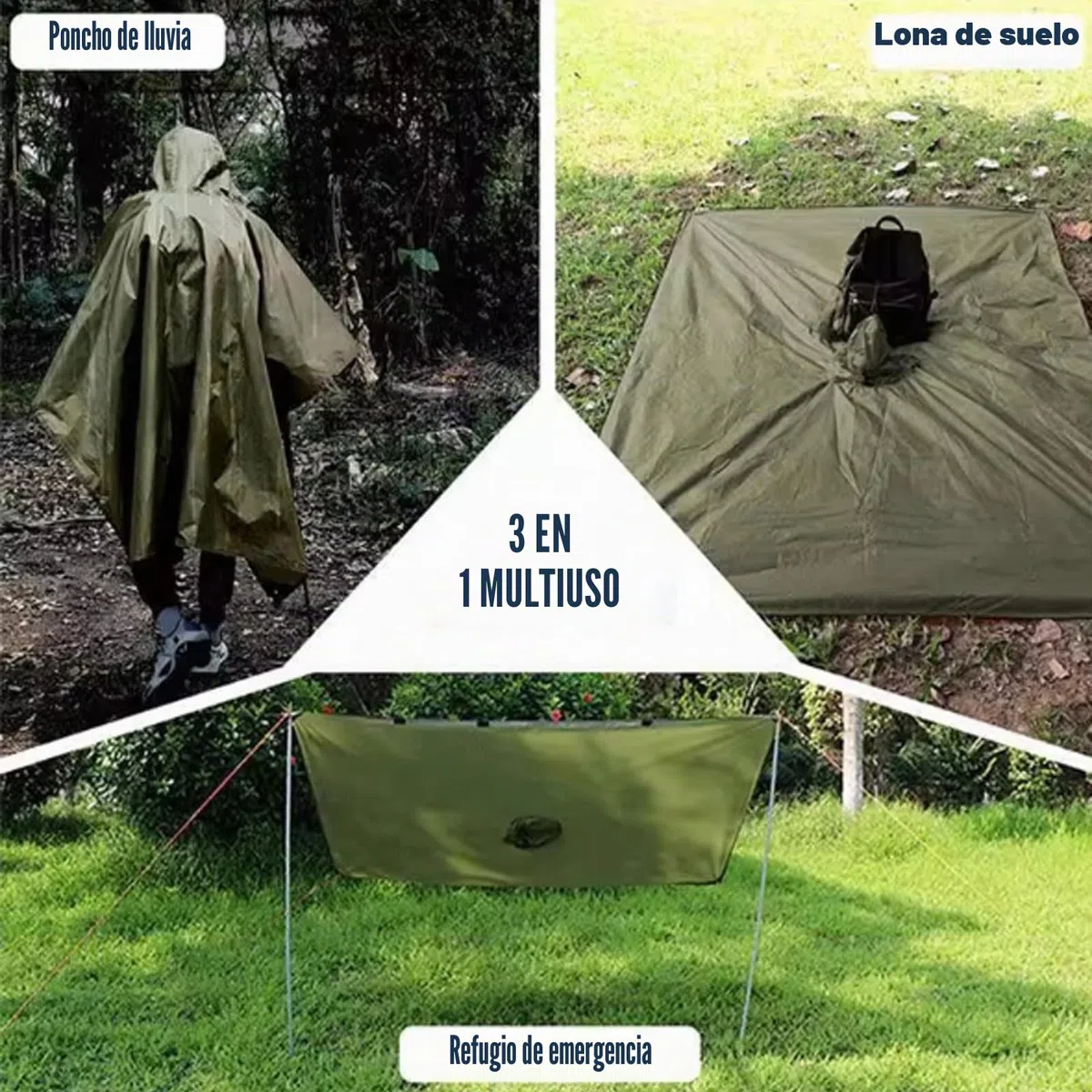 Poncho impermeable ligero con ala, impermeable verde para adultos, 3 en 1, multifuncional, reutilizable, para caza, ciclismo, viajes, senderismo al aire libre