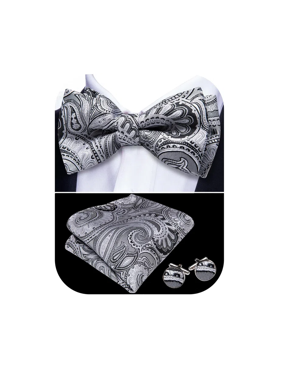 Barry.Wang Men's Paisley Silk Pre-tied Bow Tie Set Pocket Square and Cufflinks for Weddings and Formal Events