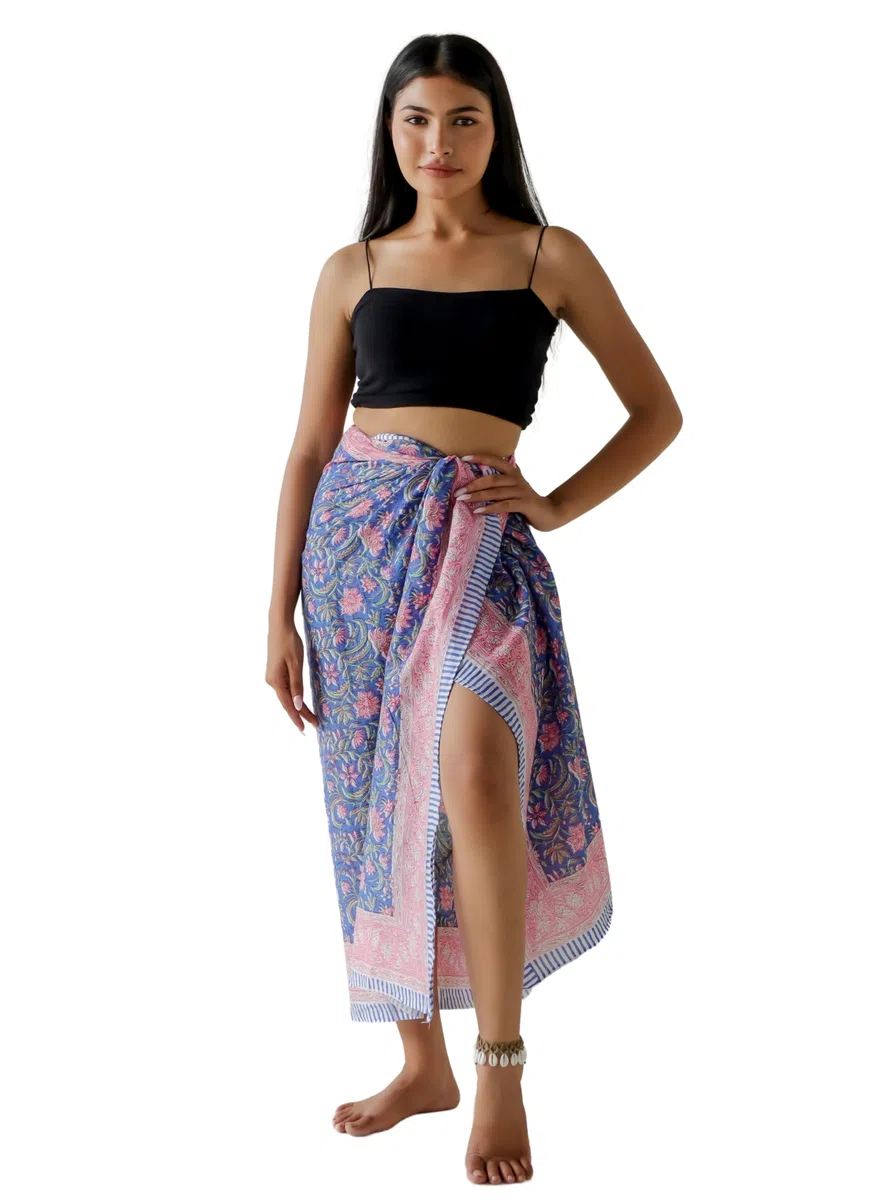 THE ART BOX Pareo 100% algodón para mujer, traje de baño con estampado de bloques de mano indio, falda envolvente, falda envolvente para playa, salida de baño largo (73 x 43 pulgadas)