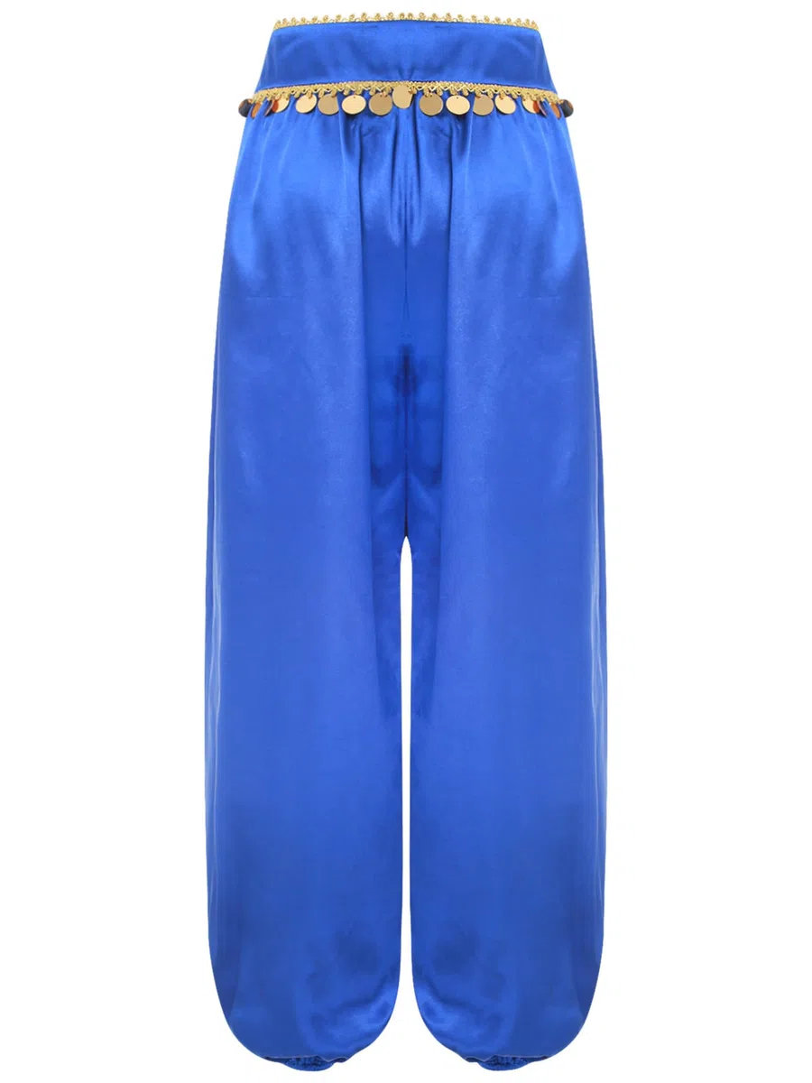 MSemis Pantalones Largos de Bombachos para Danza del Vientre Disfraz Mujer Pantalones Satén Detalles con Monedas Brillantes en Cinturón para Fiesta Actuación S-XXL