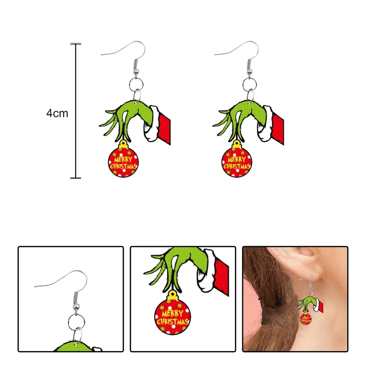 4 pares de aretes de Navidad Grinch de Navidad, aretes de dibujos animados de Navidad, aretes de gota de Navidad, Año Nuevo, decoraciones de fiesta para mujeres y niñas, Acrílico