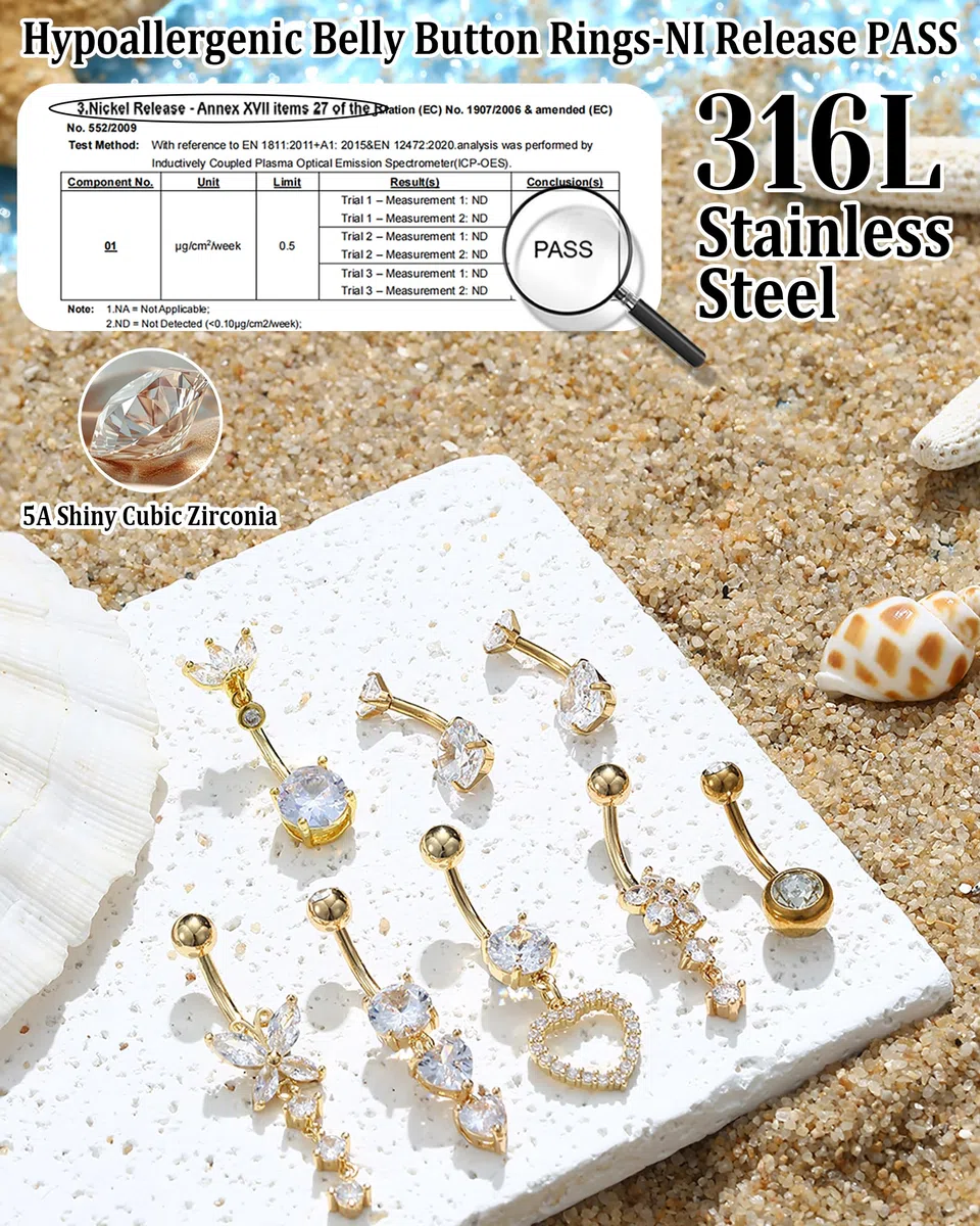ORAZIO 8 Pcs Dorado Piercing Ombligo Acero Quirurgico 10MM Plata Belly Piercing Para Mujer Mariposa Corazón Circón Piercing Ombligo Rosa Azul Para Mujer
