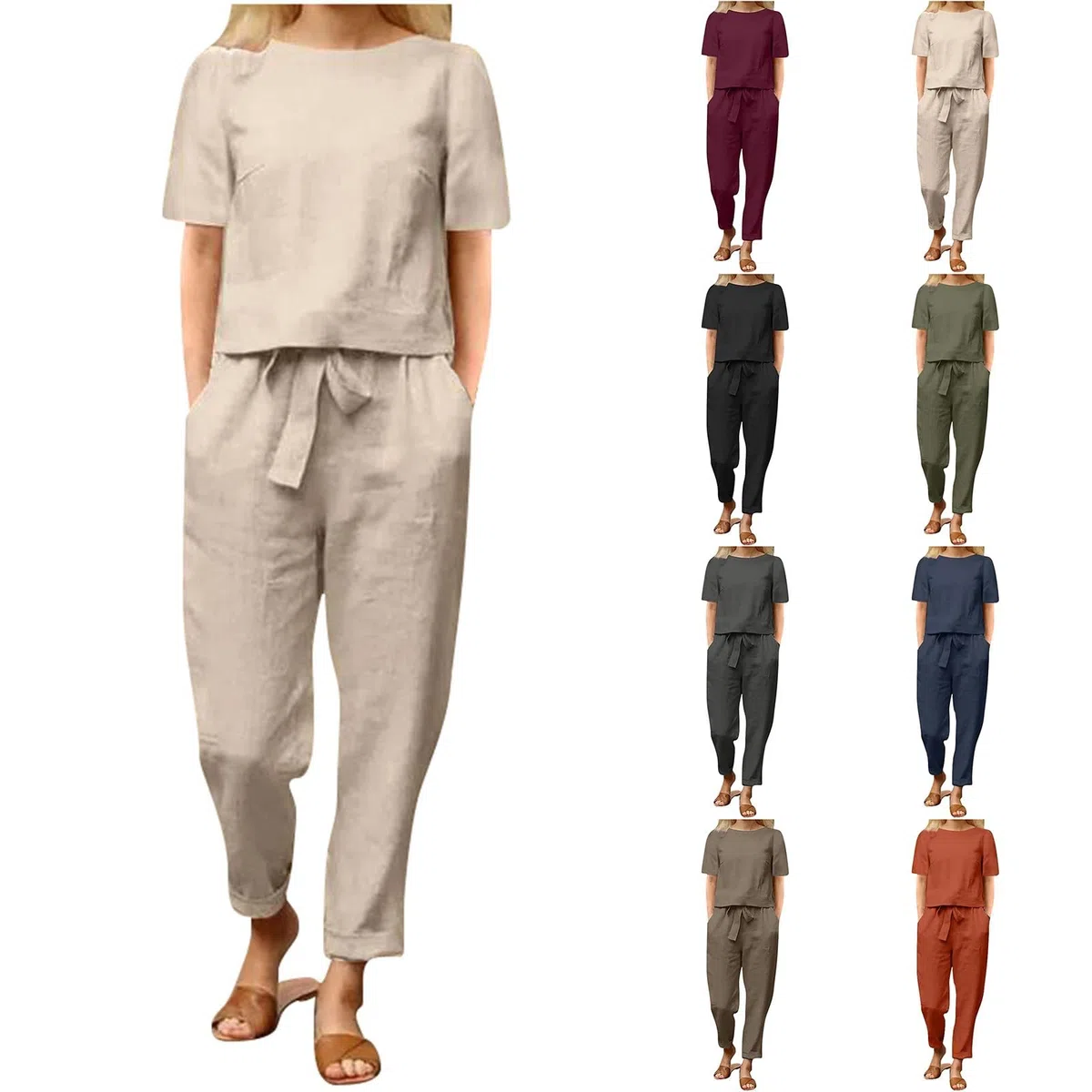 Conjunto Mujer Dos Piezas Casual Verano Elegante Lino Y Algodón Conjunto Deportivo Top Manga Corta Y Pantalones Cintura Alta Chandal Completo Loungewear Holgado Casa Trabajo Vacaciones Playa