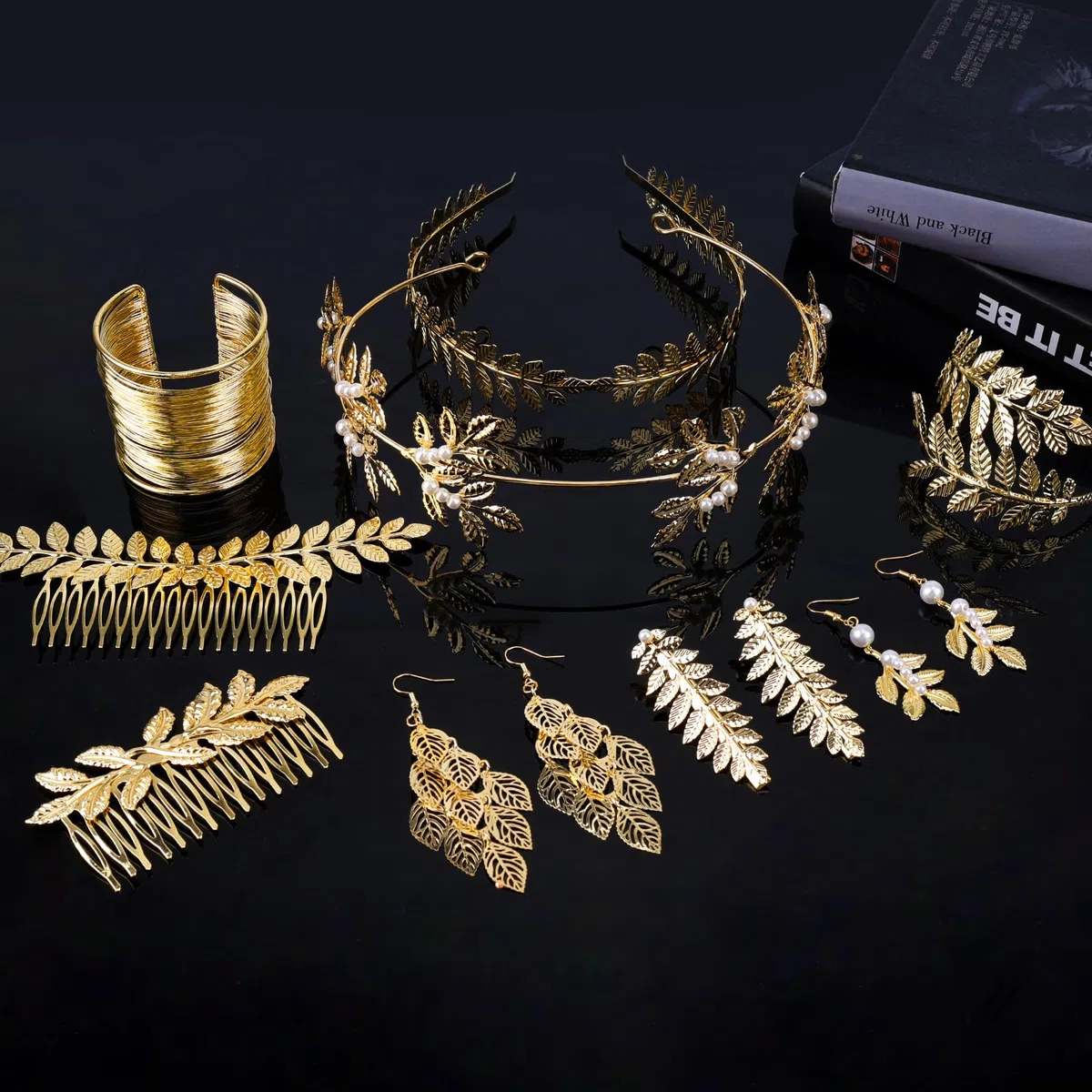 10 Accesorios Diosa Griega,Juego de Joyas Perla Conjunto Bisuteria Mujer Accesorios Romano Corona de Hojas Juego de Joyas para Mujer Oro Greek Goddess Bisuteria Joyería para Fiesta