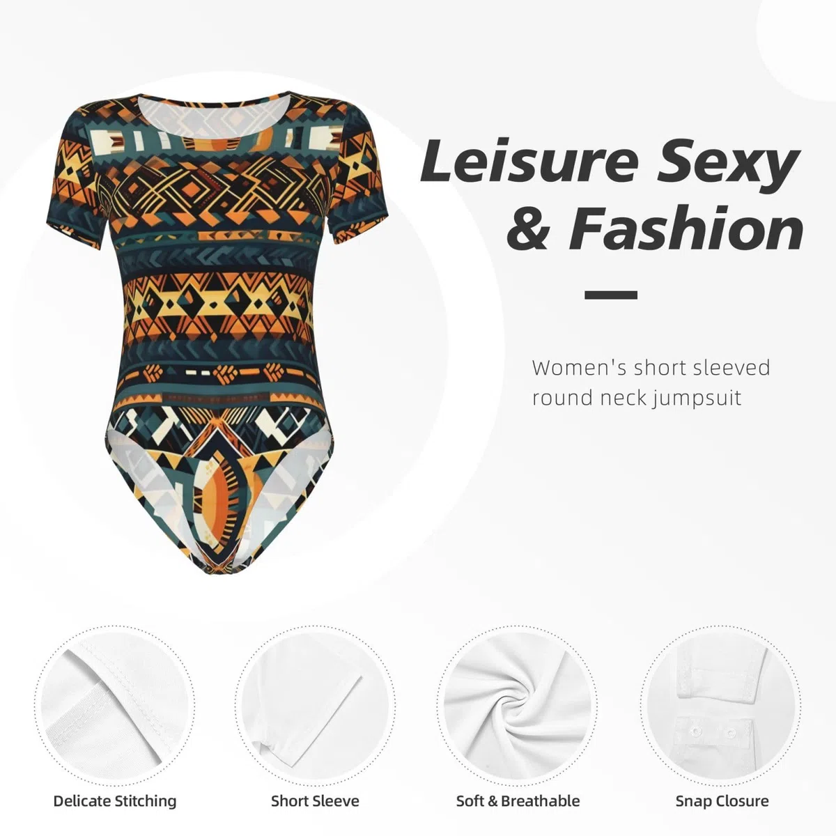 Body de manga corta para mujer, diseño tribal africano étnico, suave, elástico, cuello redondo, entrepierna a presión, parte superior versátil para jeans, faldas, pantalones, uso diario