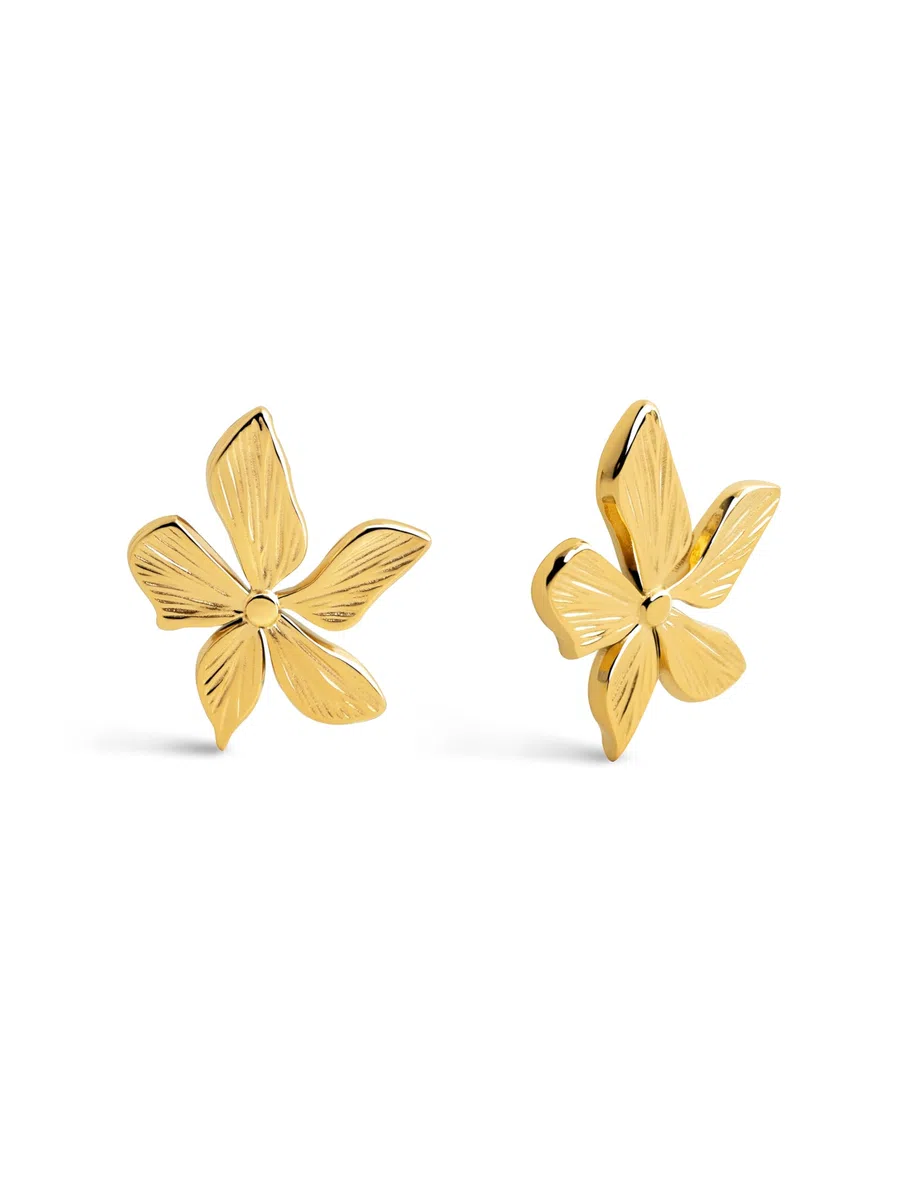 SINGULARU - Pendientes Jasmine. Pendientes Flor de Acero Inoxidable con Baño en Oro de 18Kt. Cierre Tuerca a Presión. Joyas para Mujer