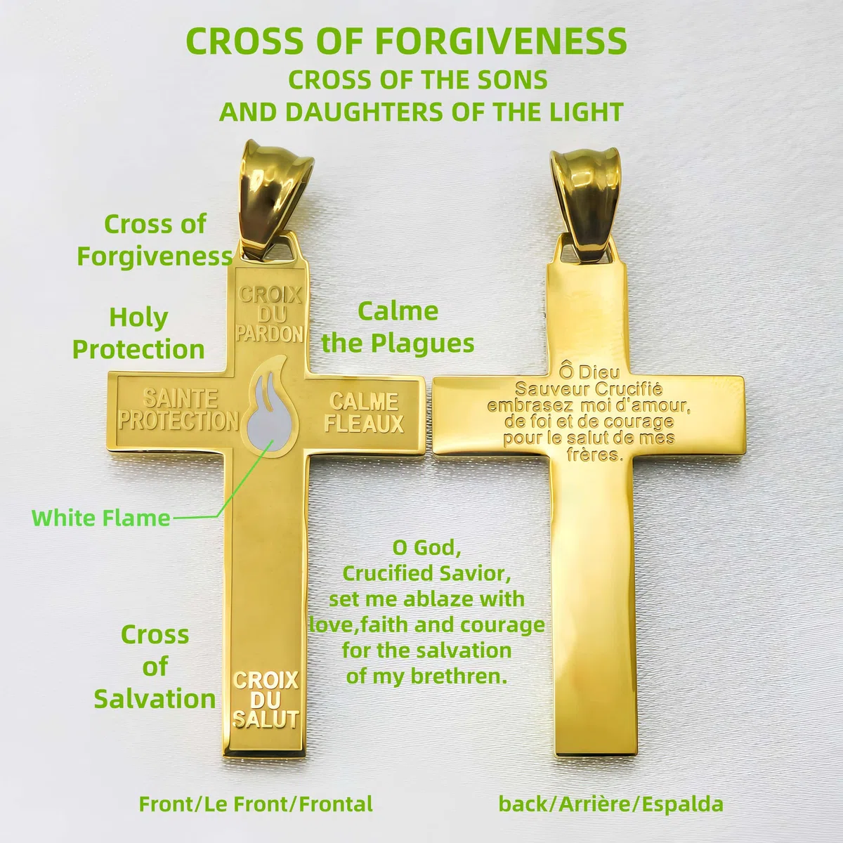 Católica Marie Julie Jahenny de Benedicción con protección Cruz de perdón con llama esmaltada blanca, cruz santa del perdón, crucifijo de acero inoxidable, cruz del perdón, cruz del perdón en acero