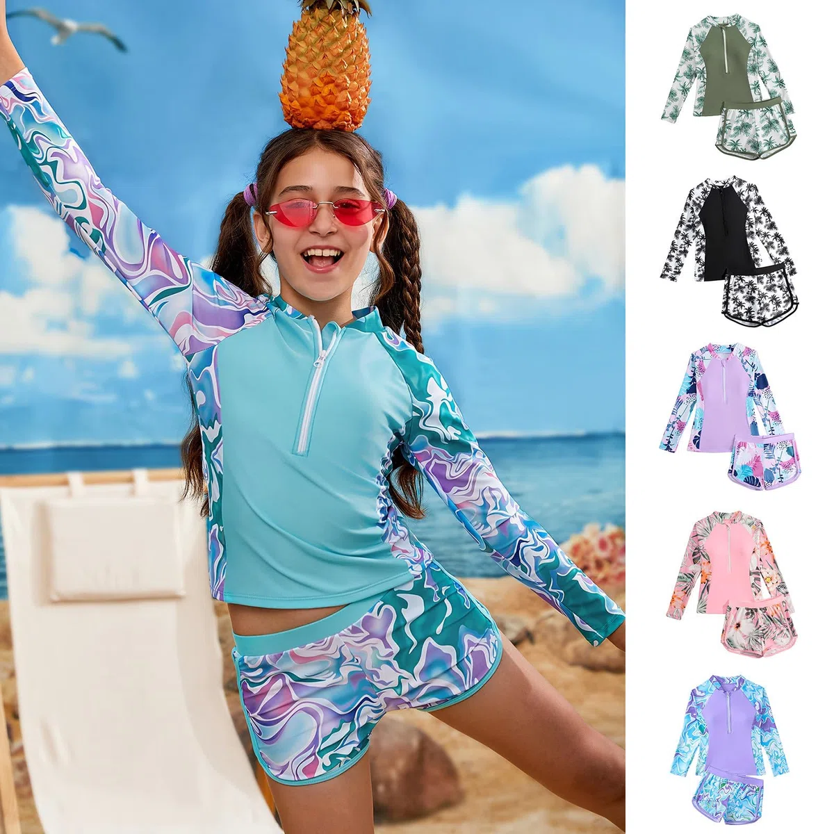 Generisch Traje de baño de manga larga de dos piezas para niña, conjunto Rashguard Surfing Buceo Adolescentes