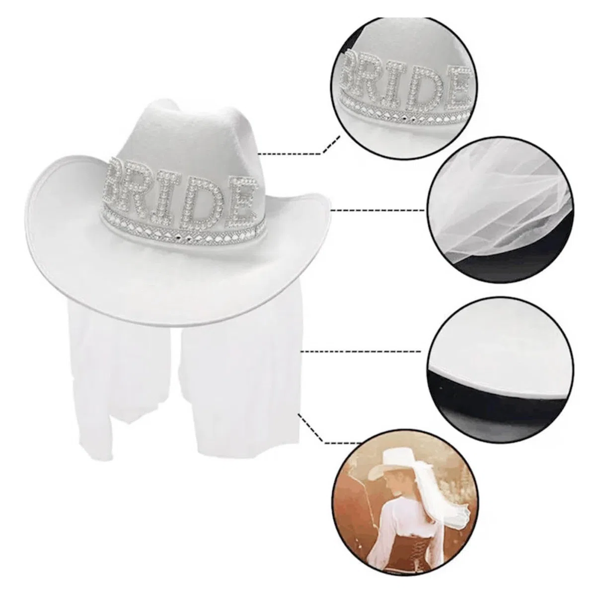 Sombrero blanco de vaquera para novia, ajustable, con velo, sombrero de despedida de soltera, decoración de cosplay Zorq