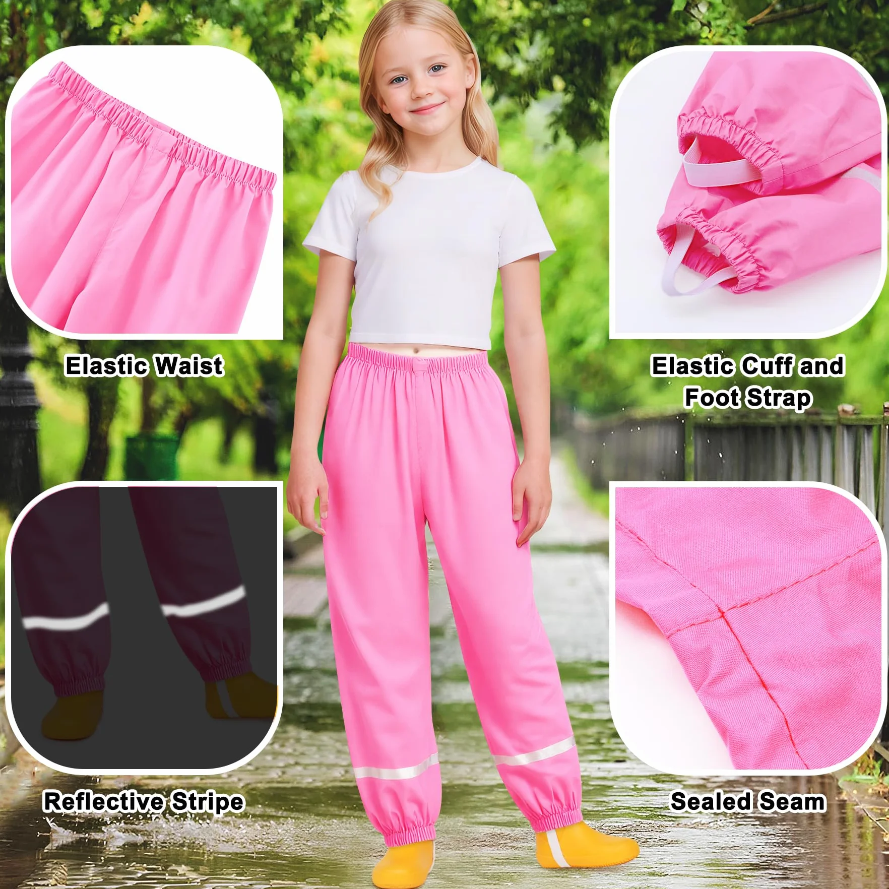 Pantalon Impermeable Niño Niña Peto de Lluvia Plegable Ligero Pantalón de Lluvia Transpirable Pantalón Barro Reflectante 1-10 años