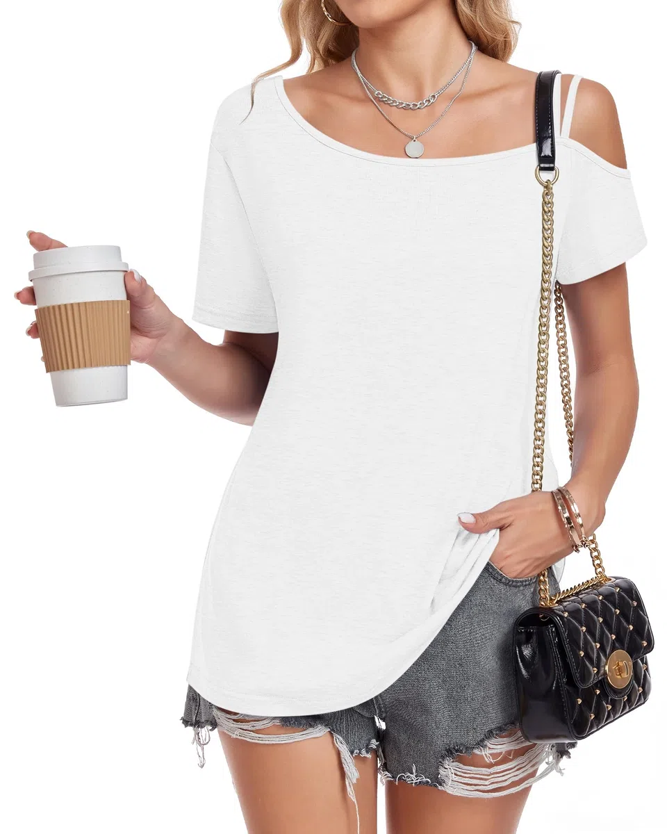 PLMOKEN Camiseta Hombros Descubiertos Mujer Verano Manga Corta Top de Hombro Asimétrico Casual
