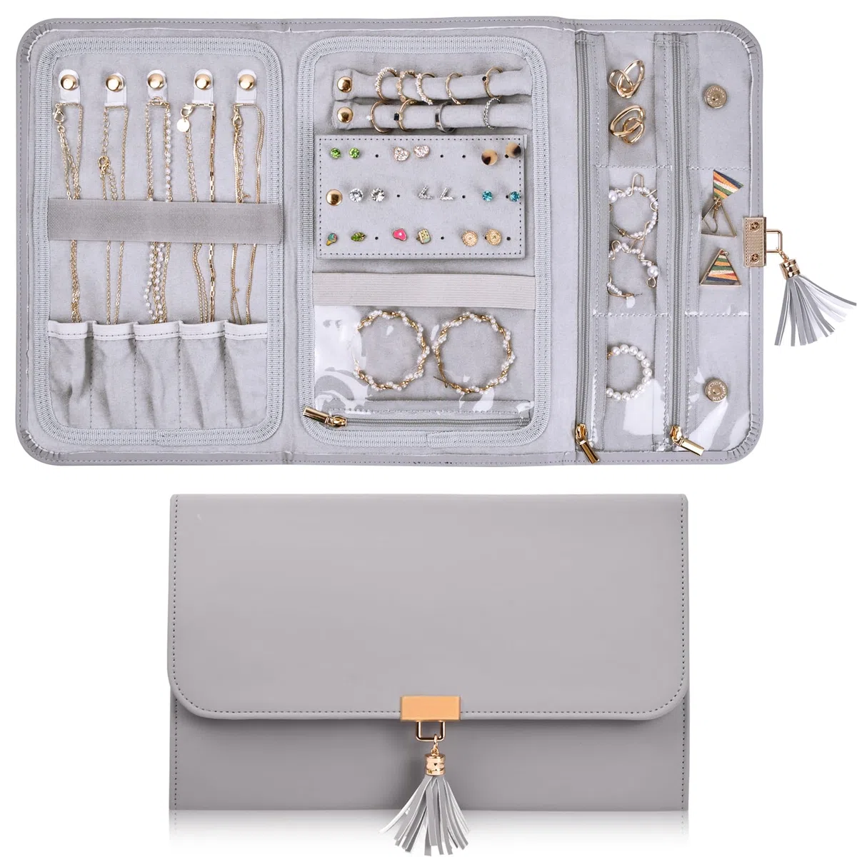 Catime Rollo de Organizador de Joyero Viaje, Bolsa de Almacenamiento Joyas de Cuero, Rollo de Joyería Plegable Portáti Gran Capacidad, Estuche para Joyas de Viaje Collares Pulseras Pendientes Anillos