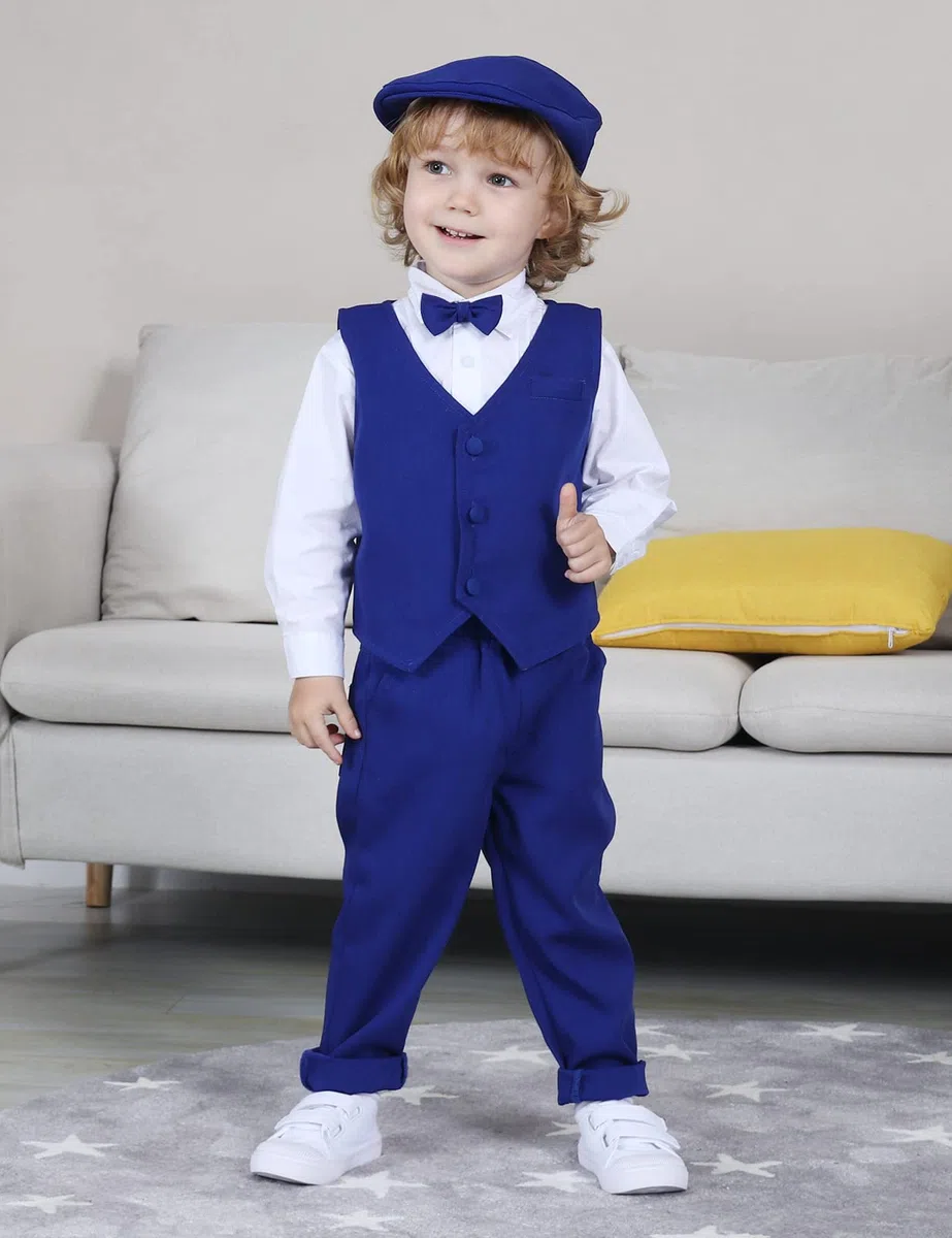 mintgreen Bebé Niños Traje 4pcs Boda Camisa + Pantalones + Chaleco + Pajarita + Gorra Conjuntos 1-4 Años