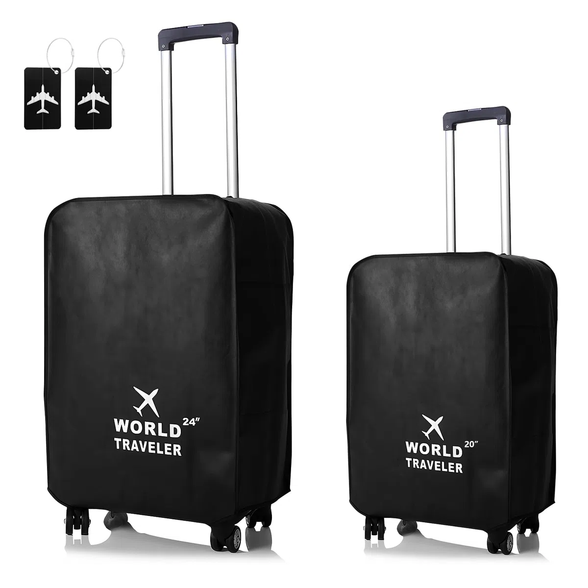 Funda Maleta, Fundas Maletas de Viaje, Protectora de Equipaje de Viaje con Bolsillo, Impermeables Cubreequipajes Cover, Lavable, Reutilizable, Negra, 2 Piezas (20inch+24inch)