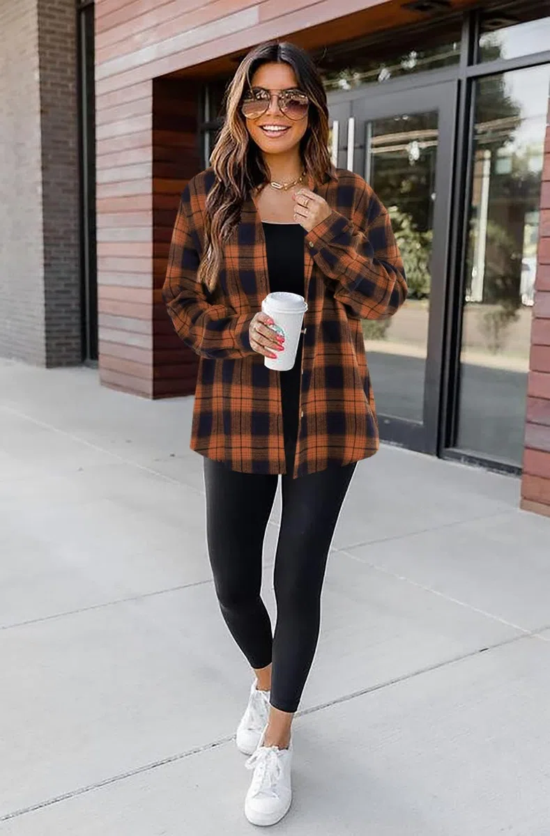 Imily Bela Blusa para mujer a cuadros, informal, manga larga, camisa de franela, camisa a cuadros, botones de manga larga.