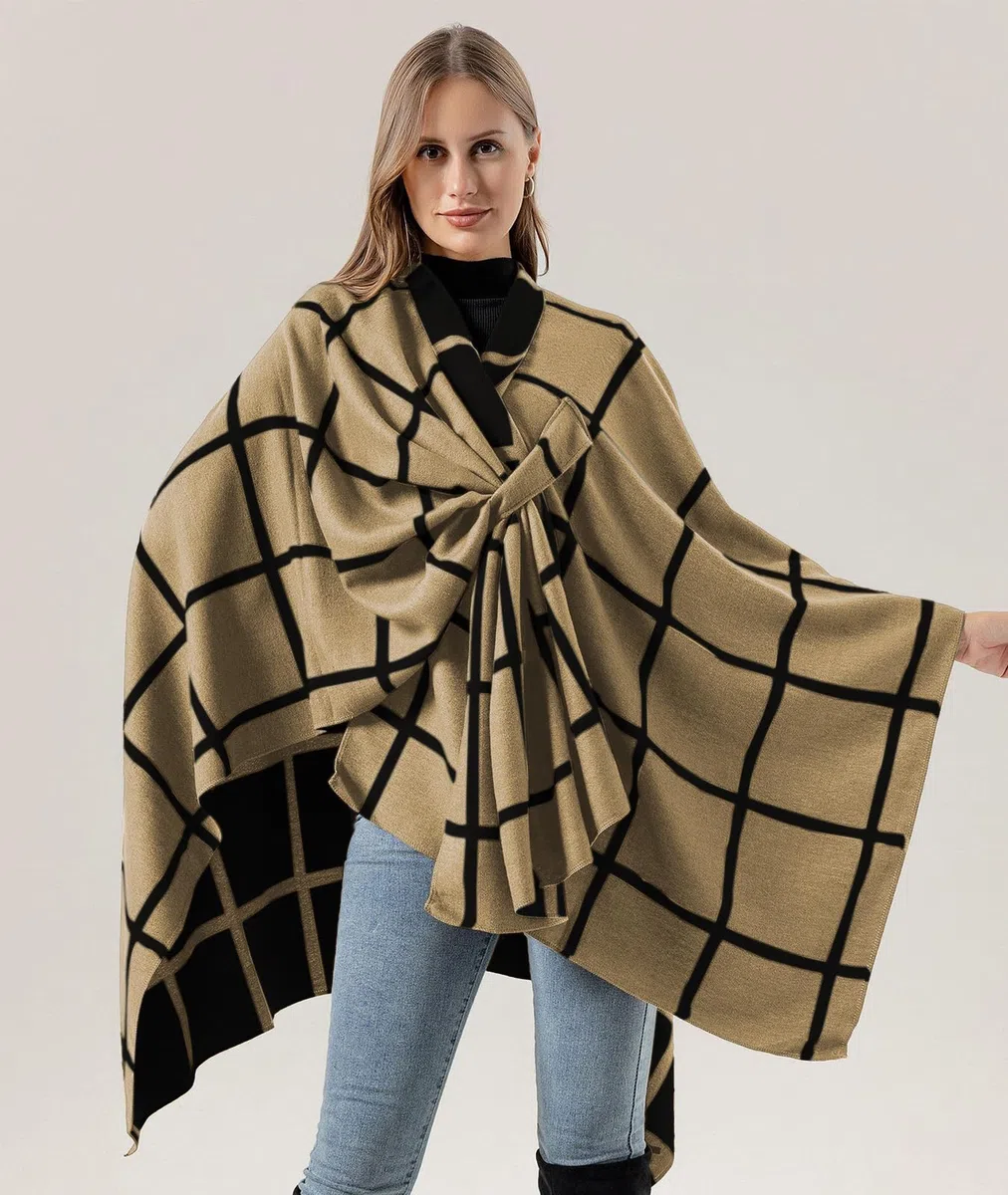 Poncho Abierto Punto Mujer Elegante Capa Grande Invierno Chal Cardigan Tartán Patrón Bufanda Manta Caliente