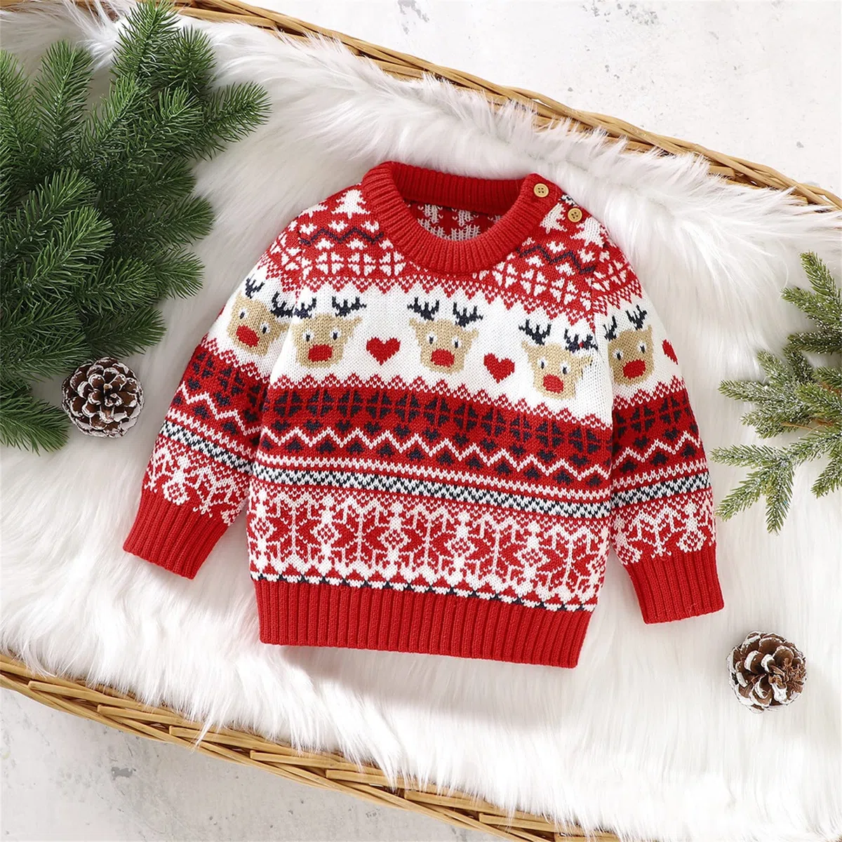 Jersey Navidad Niño Bebe Niña Reno, Jersey Navideño Niño, Suéter Sudadera de Punto de Manga Larga de Navidad de Invierno Rojo Ropa Bebe con Botones