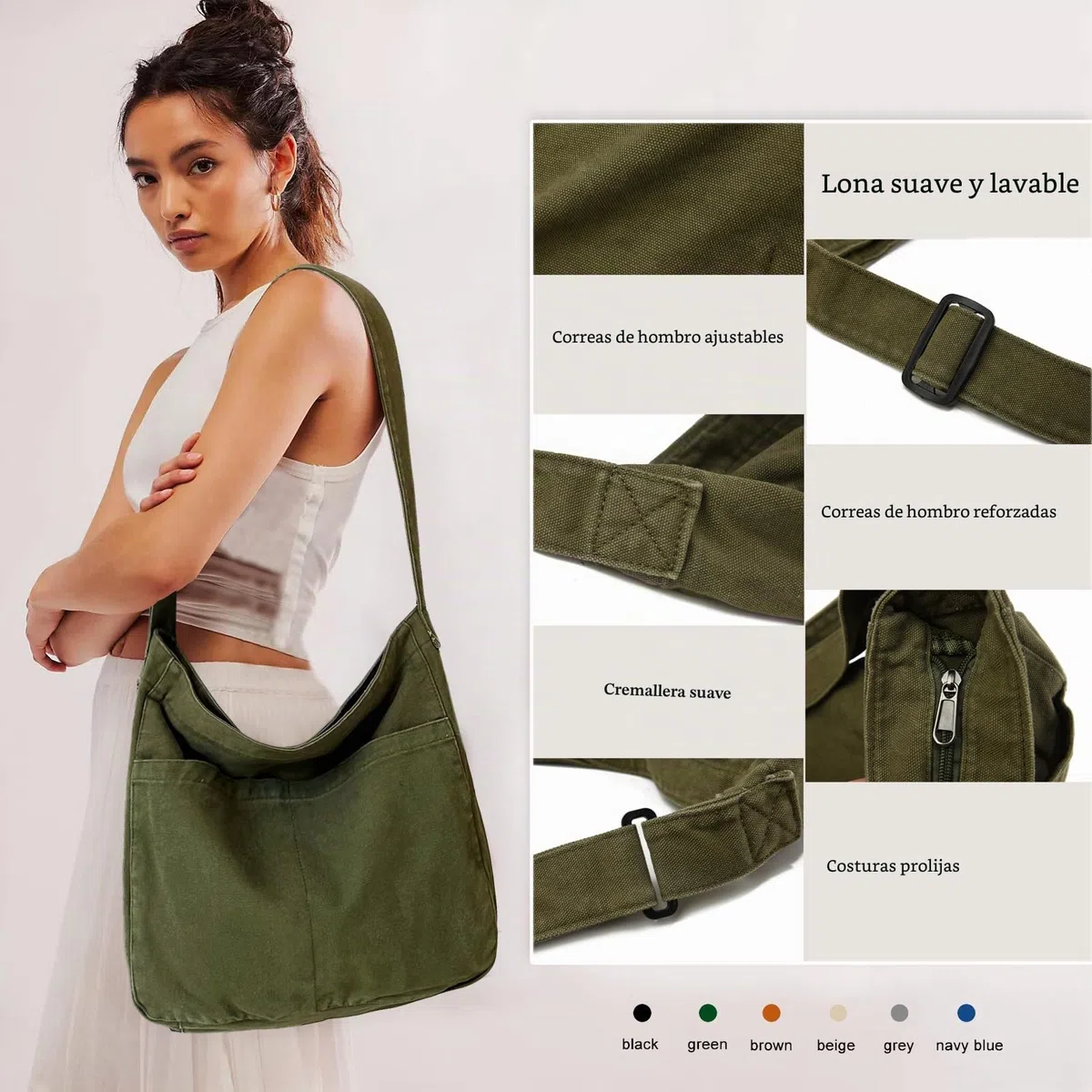 Bolsa de lona casual Hobo bandolera para mujeres y hombres, bolso grande de mensajero, bolsa de mensajero, viaje y trabajo