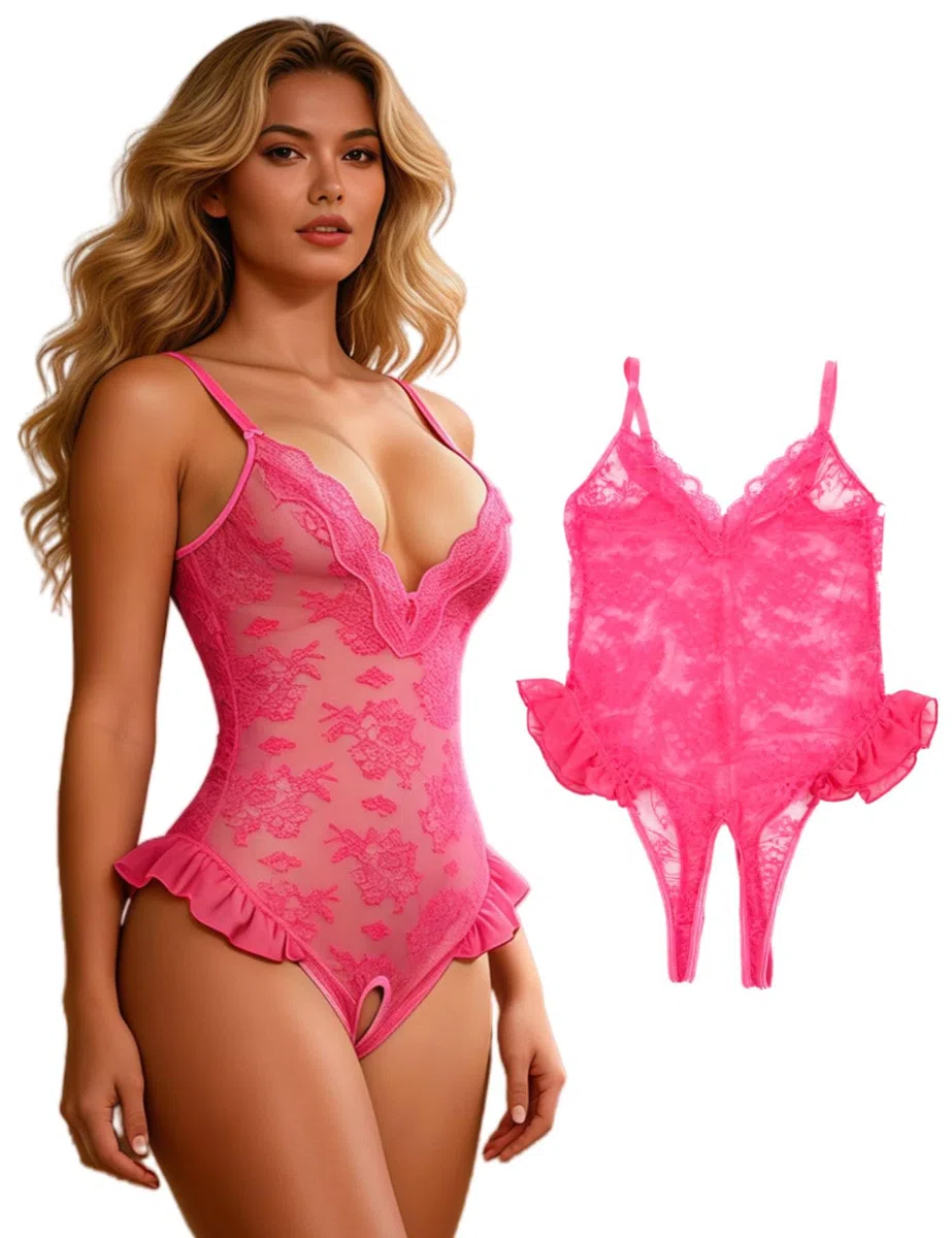comeondear Lenceria Sexy Mujer Abierta Conjunto Lenceria de Encaje Abierto Body Lencero Escote en V Profundo Ropa Interior Sin Entrepierna Talla Grande Lingerie Feminina Sin Espalda Fiesta
