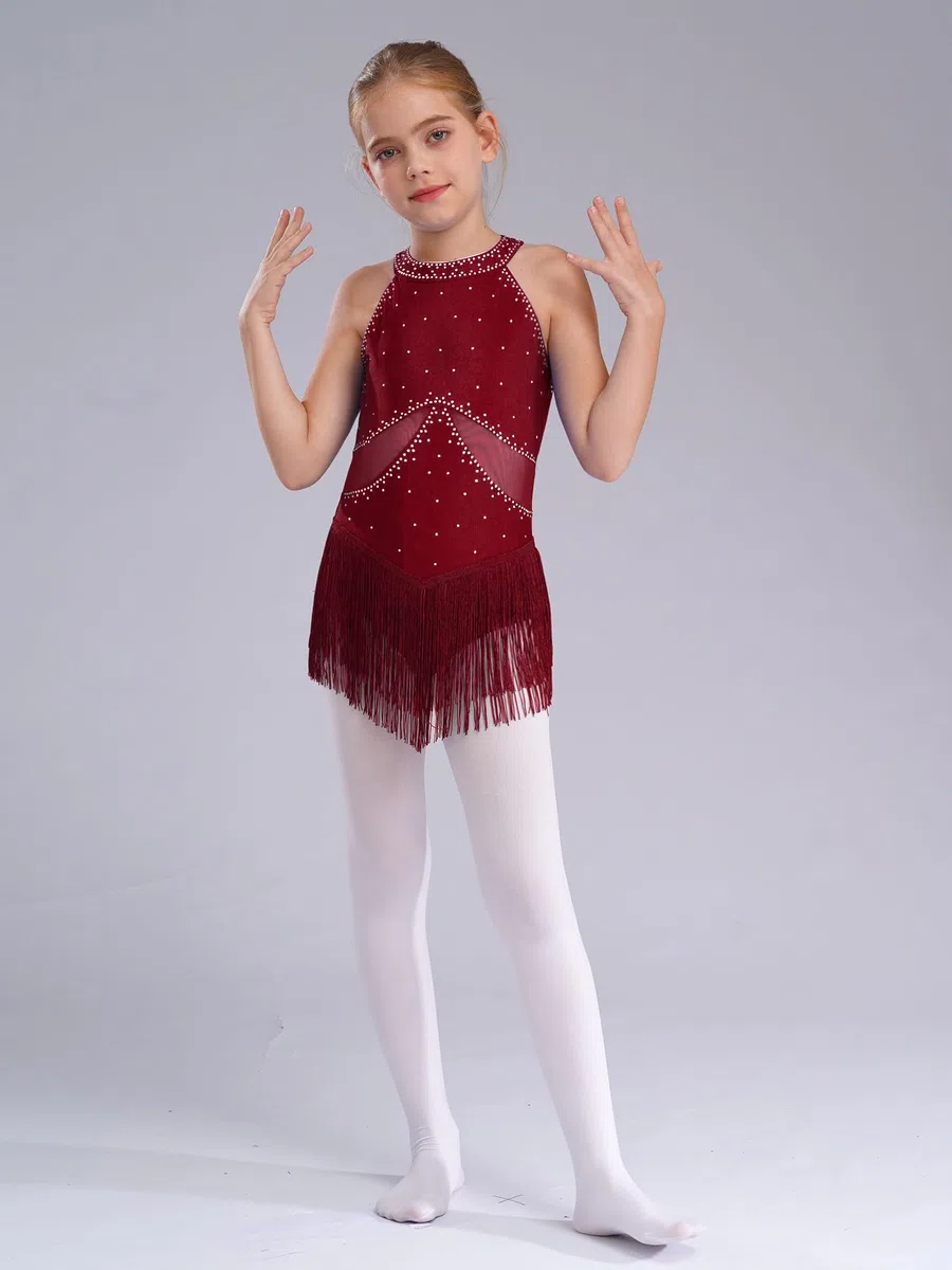 iiniim Vestido de Patinaje sobre Hielo para Niñas Maillot Baile Latino con Flecos y Brillante Pedrería Leotardo Gimnasia sin Mangas Vestido de Baile Salsa Cha Cha