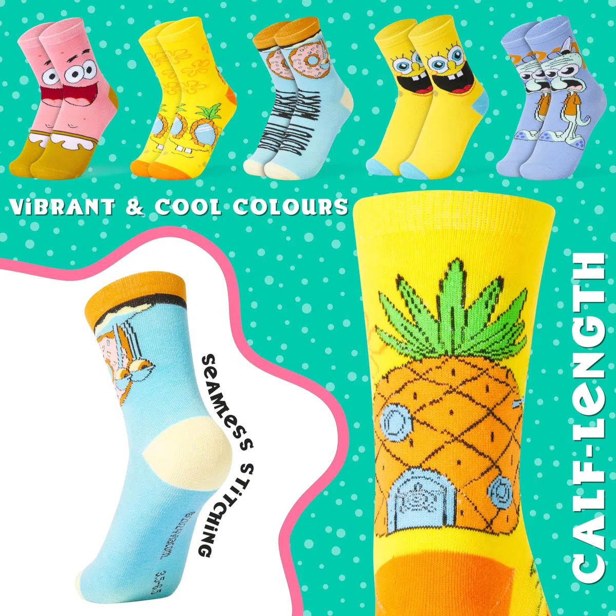 SPONGEBOB SQUAREPANTS Calcetines Bob Esponja Niños, Pack de 5 Calcetines Divertidos y Transpirables, Regalo Ideal, Dibujos Animados